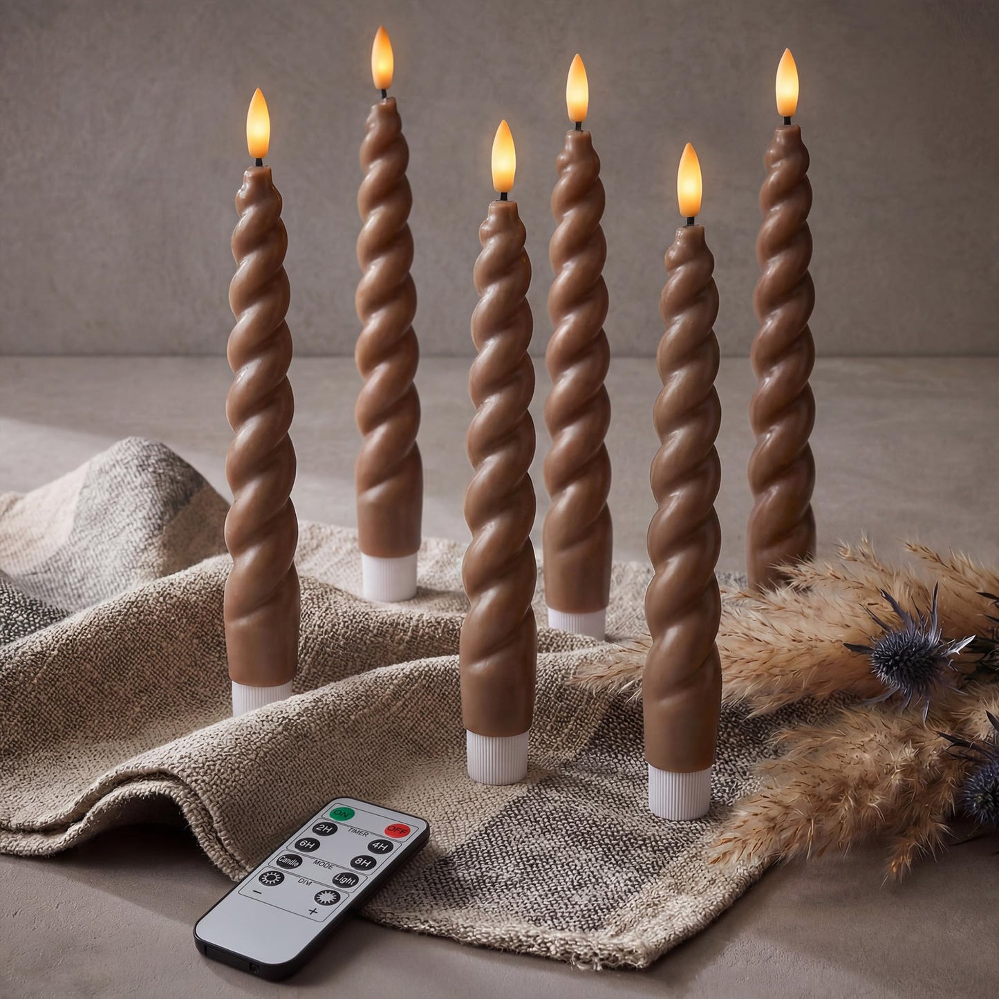 WYZworks 10" Flameless LED Taper Candles – Full Twisted Spiral – Brown, Set of 6 – Remote, 2/4/6/8-Hr Timer (24-hr Memory), Bottom On/Off Button, Dimmable, Battery Operated, Flicker/Steady