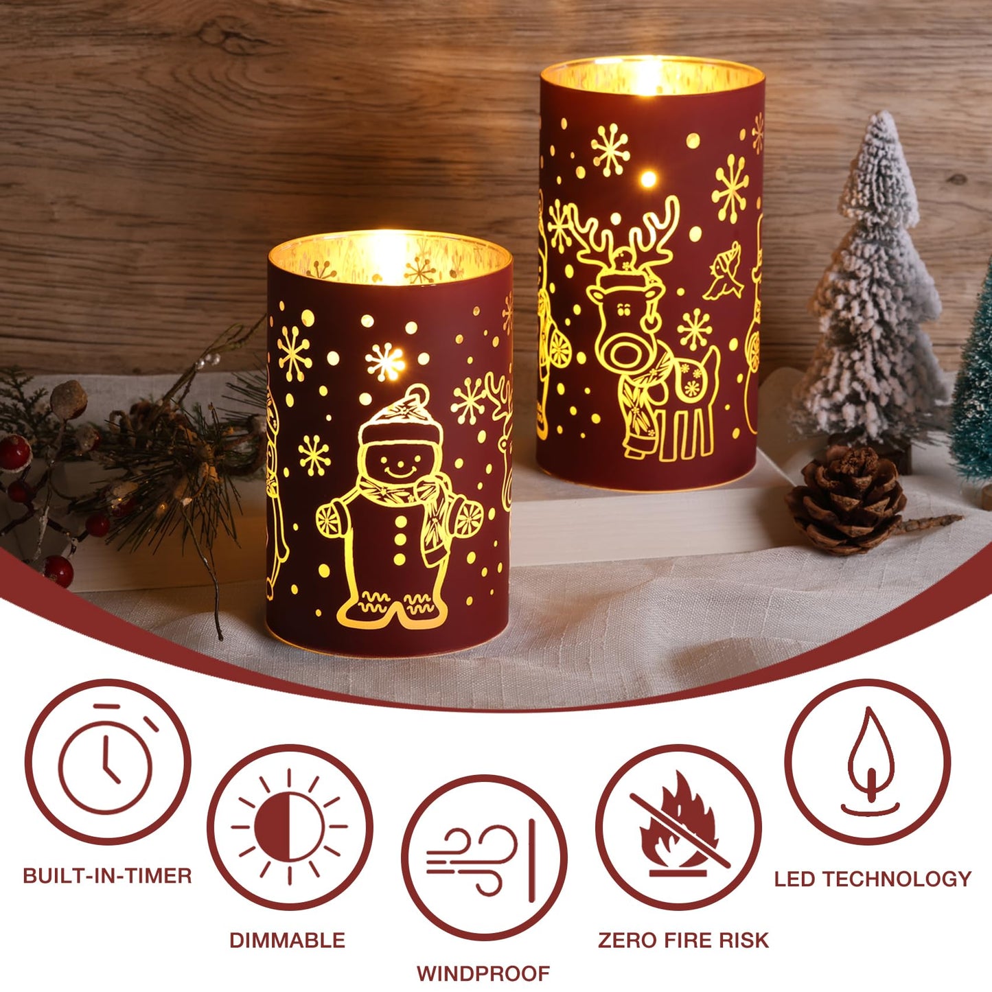 Eywamage Red Glass Flameless Pillar Candles with Remote, Flickering Snowman Deer LED Battery Candles Set of 2