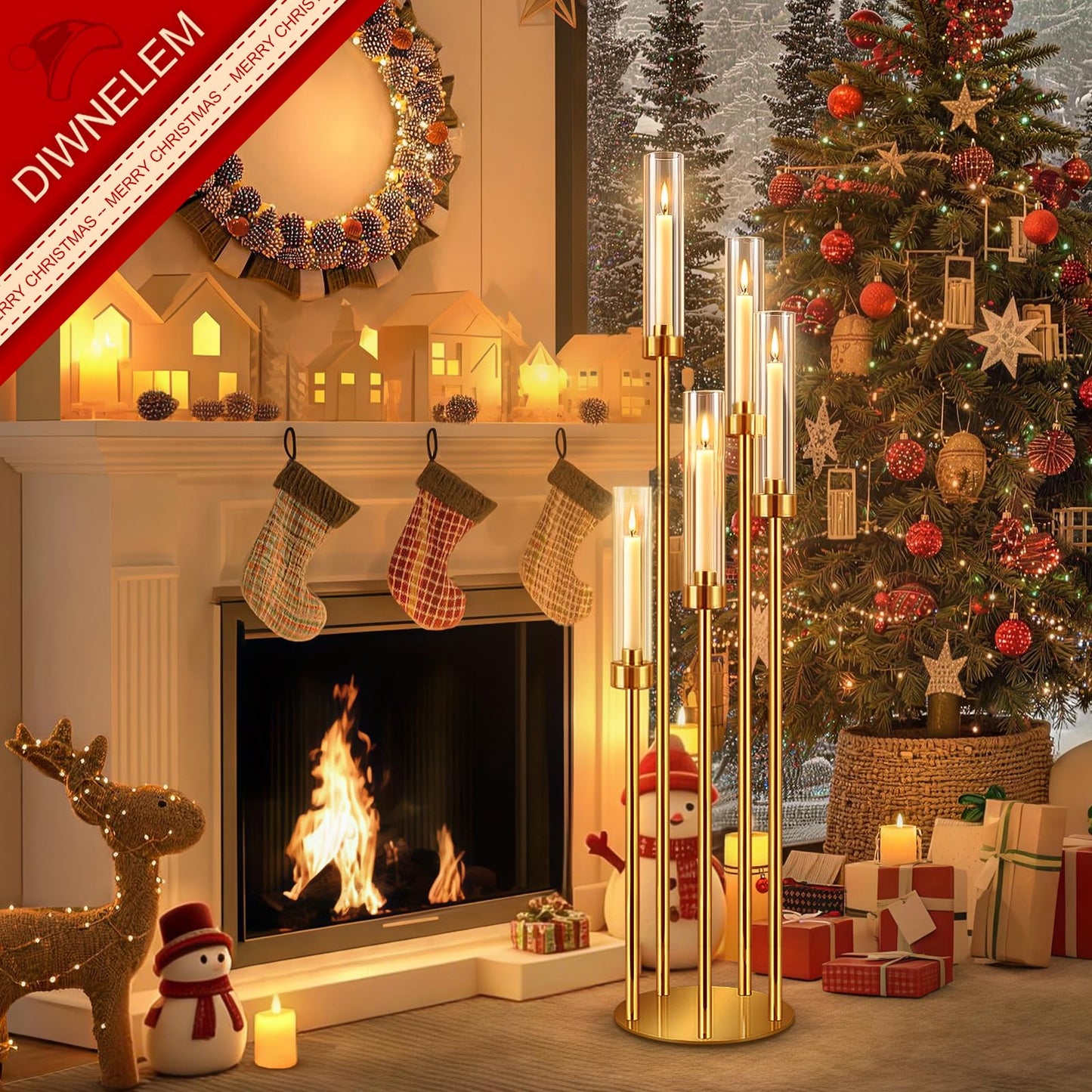 DIWNELEM 4 Pcs Gold Candelabra Centerpieces 5 Arm 42" Tall Metal Candle Holder Floor Candelabra Wedding Centerpieces Metal Candlestick Holders with Acrylic Removable Lampshade for Christmas Decoration