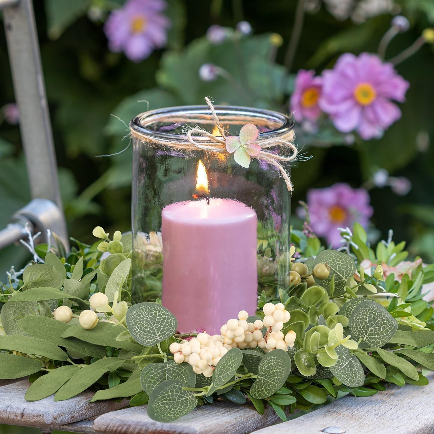 6 Pcs Green Eucalyptus Candle Rings Wreaths Spring Summer Kitchen Cabinet Wreaths Mini Green Berry Leaves Candle Wreath for Pillars Farmhouse Festival Wedding Celebrations Tabletop Decoration