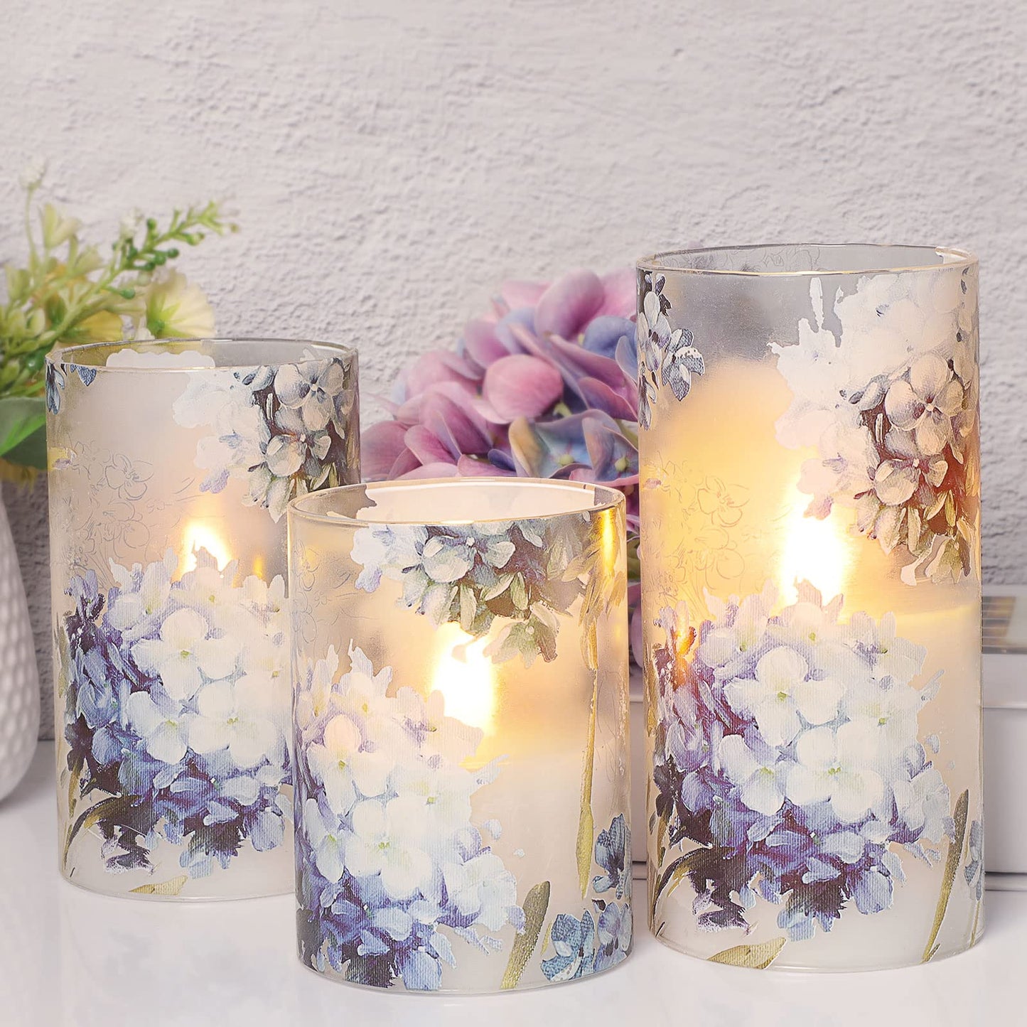 Silverstro Hydrangea Flameless Candles with Remote Blinks Glass Real Wax LED Candles - Home Party Wedding Romantic Love Theme Summer Holiday Decor - Set of 3