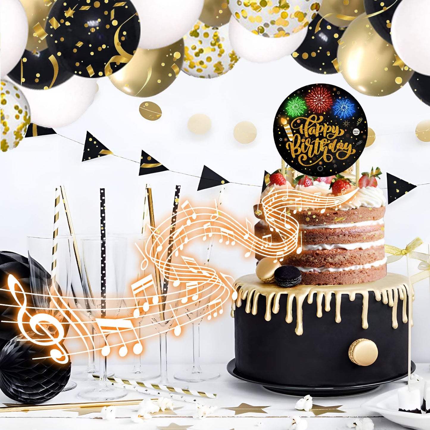 Birthday Cake Toppers,with Light and Music, Blowable,Birthday candles,Fabulous Cake Decoration for girl or Women– Plays Hit Song 'HAPPY Birthday' (Black Gold)
