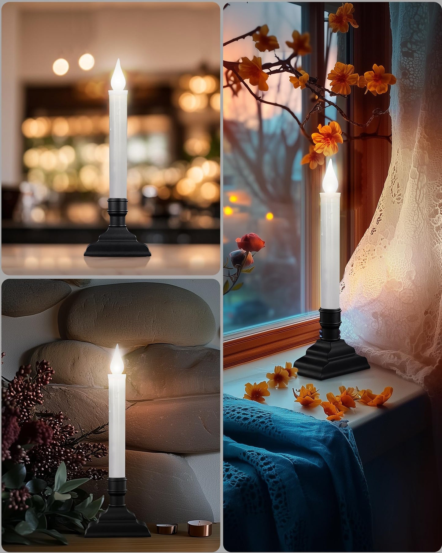 SURAIELEC Battery Operated Christmas Window Candles with Remote, Timer, Dimmable, Window Candle Lights with Removable Candle Holders, Christmas Candles for Window, Mantel, Matte Black, 4-Pack