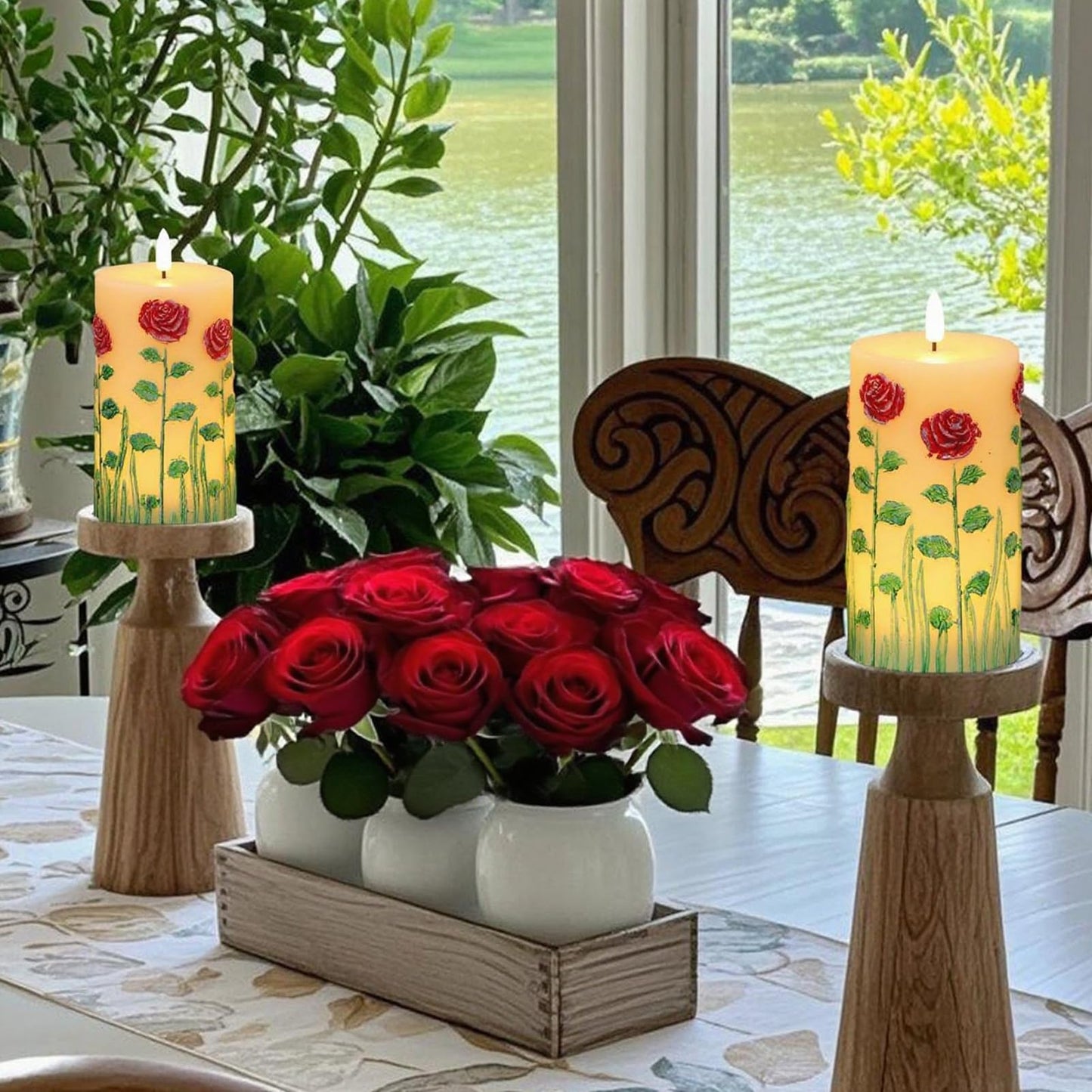 Eldnacele Rose Flameless Candles with 6 Hour Timer, Battery Operated Hand Painted 3D Wick Flickering Real Wax LED Pillar Candles for Spring Dinner Christmas Holiday Decor((2Pcs, D3×H6.5)