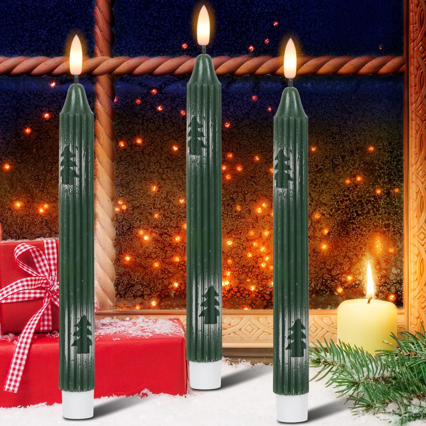 Wondise Christmas Flameless Taper Candles with Remote and Timer, Battery Operated 3D Wick Real Wax LED Candles with Painted Christmas Tree 6 Packs for Christmas Holiday Decor(0.78 x 9.45 Inch)