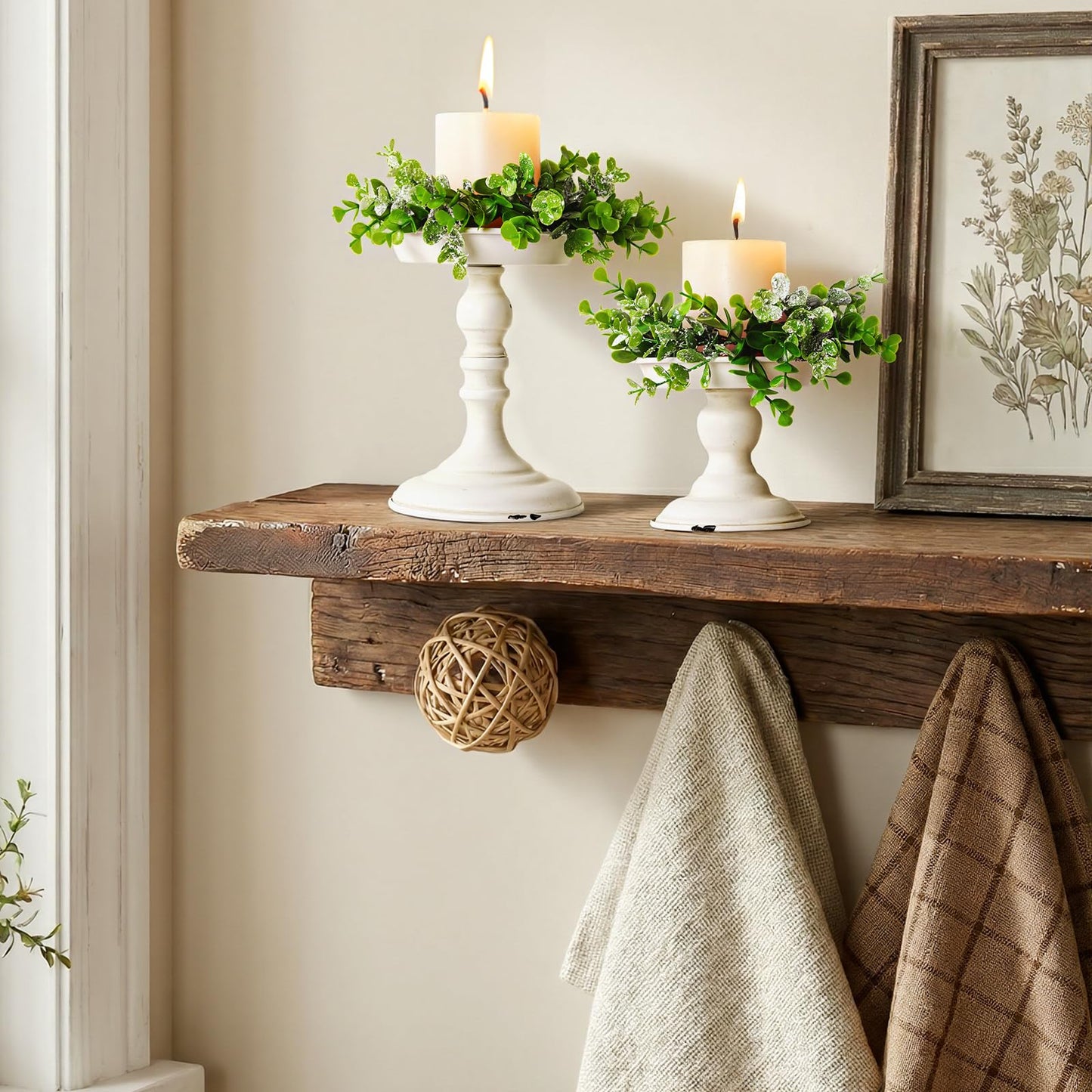 Rustic Iron Pillar Candle Holder: White Farmhouse Candle Holder with Greenery Wreaths Set of 2, Elegant Large Candle sticksholder Decor for Wedding, Coffee Table Centerpieces, Living Room, Home Decor
