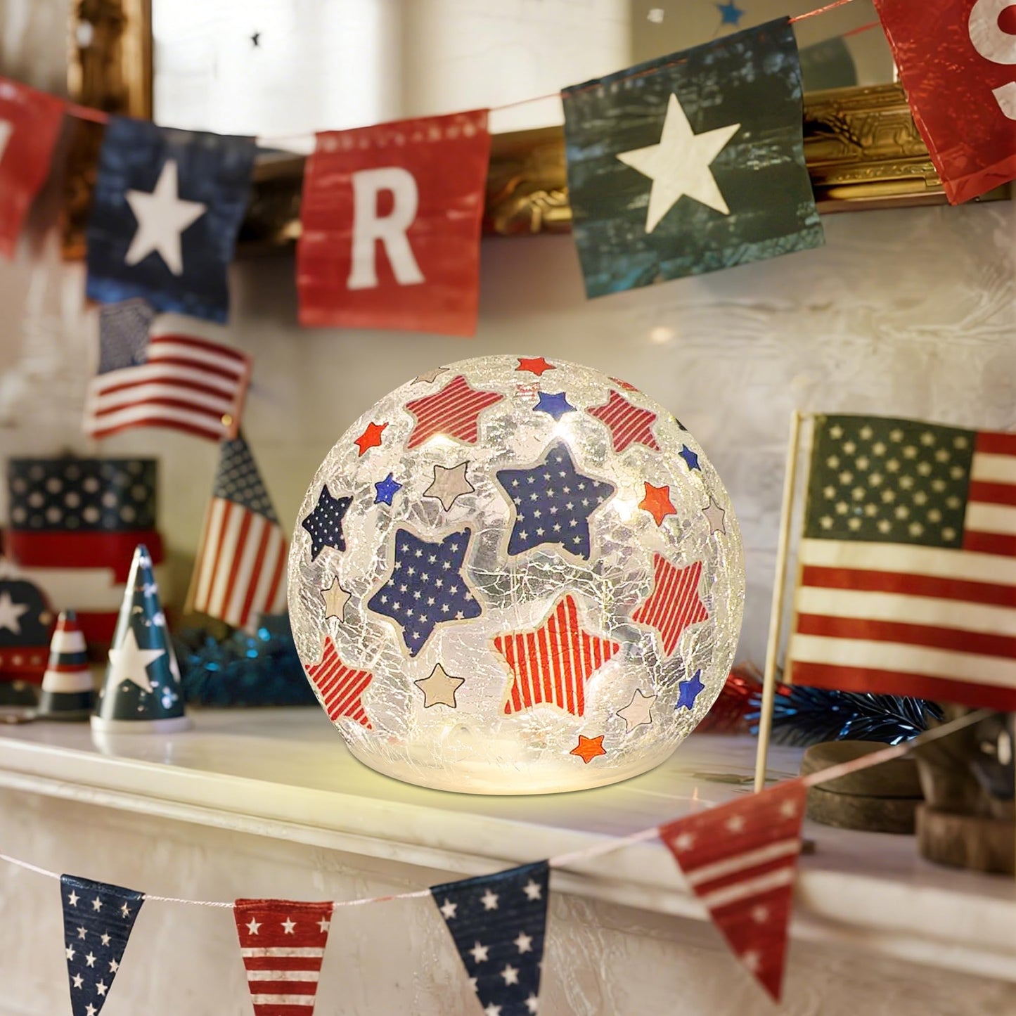 3PCS Independence Day Decorative Lights, 3.93-inch Independence Day Desktop Decoration LED Night Light, Cracked Glass Ball Light with Timer, 4th of July Decoration (red Five-Pointed Star)