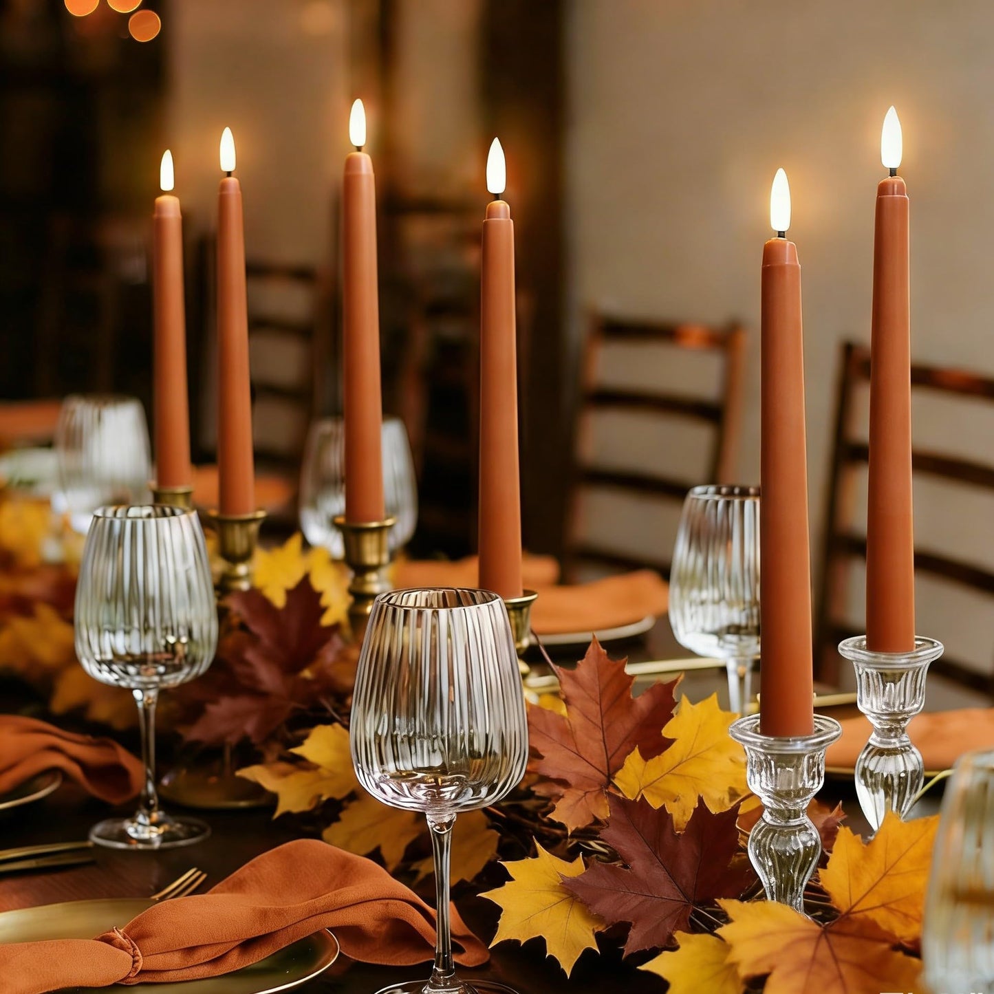 Ni-JASW Orange Flameless Taper Candles with Remote, Flickering LED Candlesticks Battery Operated Spring Home Decor Candle Set of 12