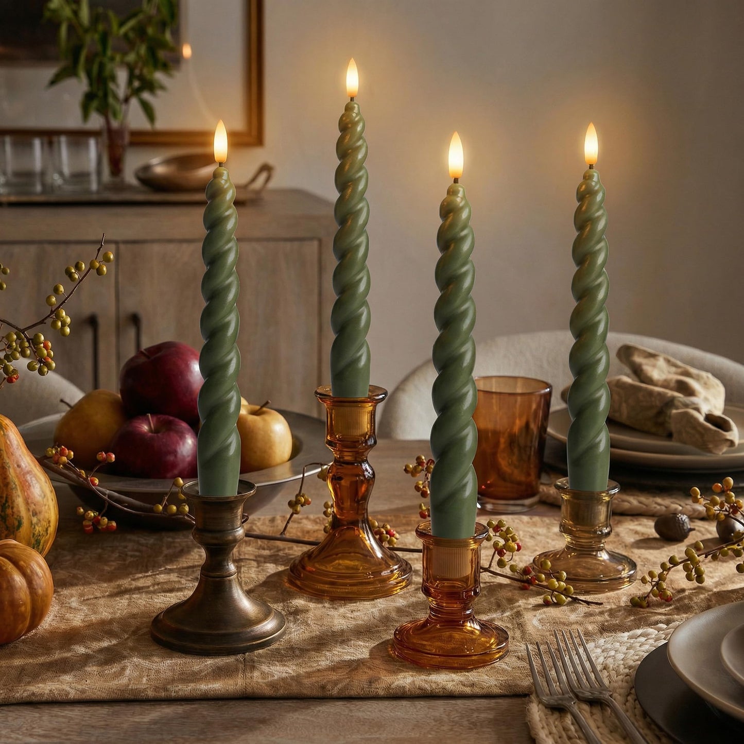 West Ivory Full Twisted Spiral Flameless LED Taper Candles – Loden Green, Set of 2 – 2/4/6/8-Hr Timer (24-Hr Memory), Remote, Dimmable, Bottom On/Off Button, Flicker/Steady, Battery Operated