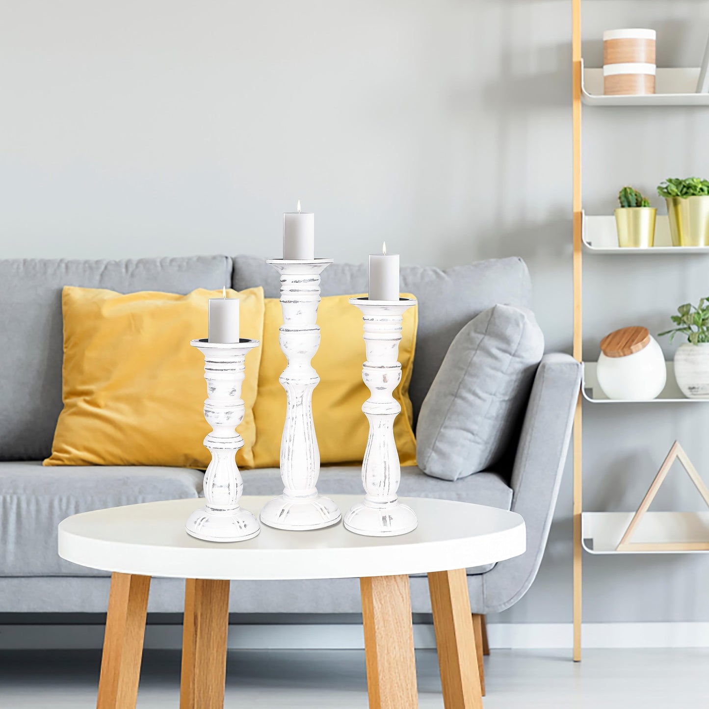 Wooden Candle Holder Set of 3, Tall White Wash Pillar Candle Holders, Rustic Farmhouse Decor, Brown Wooden Candle Stands for Home Decoration - 16, 14, 12 Inch Height