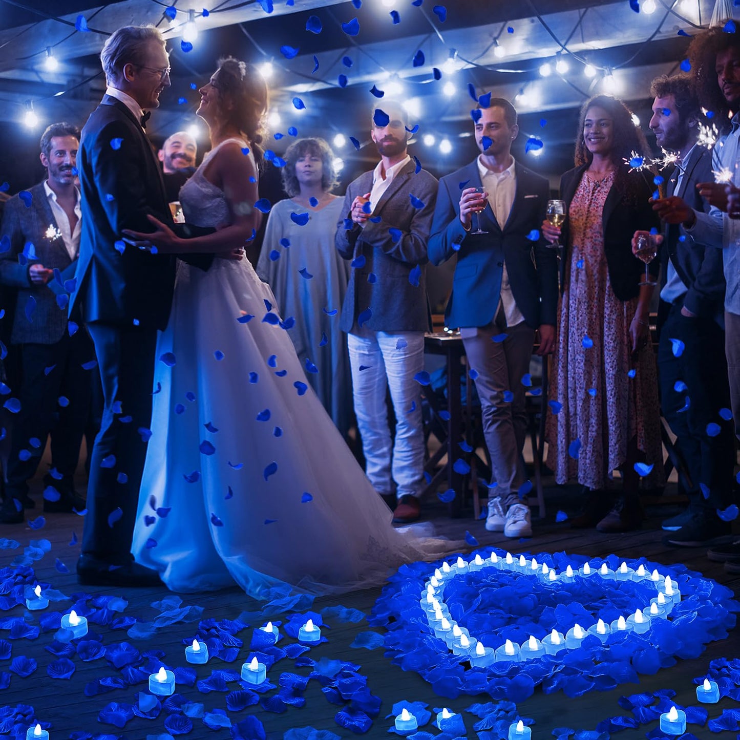 3000Pcs Blue Rose Petals with 36Pcs LED Tea Lights Candles, Romantic Gifts for Her, Special Night, Date Night Ideas, Wedding, Anniversary, Proposal