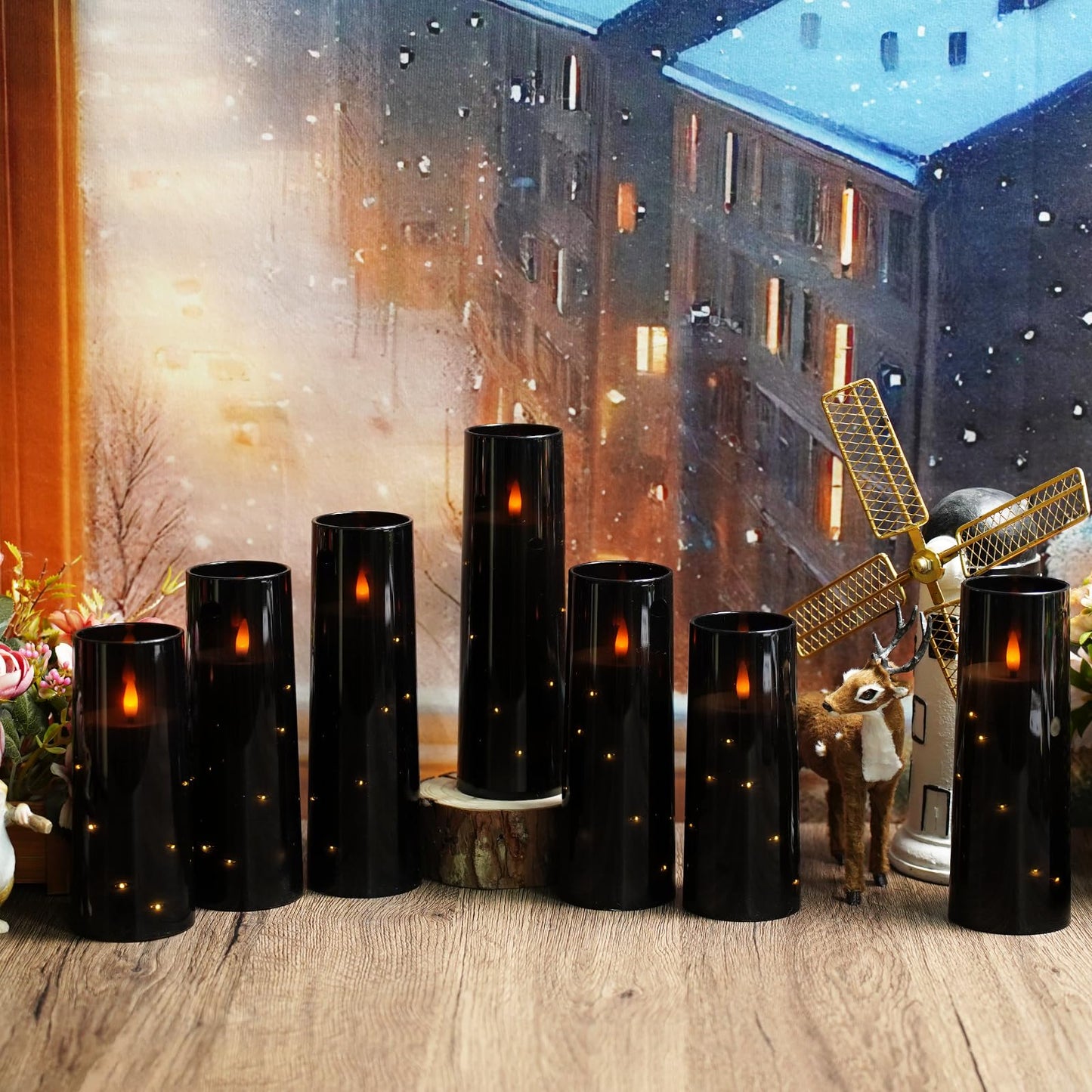 kakoya Flameless LED Candles with Timer 9 Pc Flickering Flameless Candles for Romantic Ambiance and Home Decoration Stable Acrylic Shell,with Embedded Star String,Battery Operated Candles(Black)