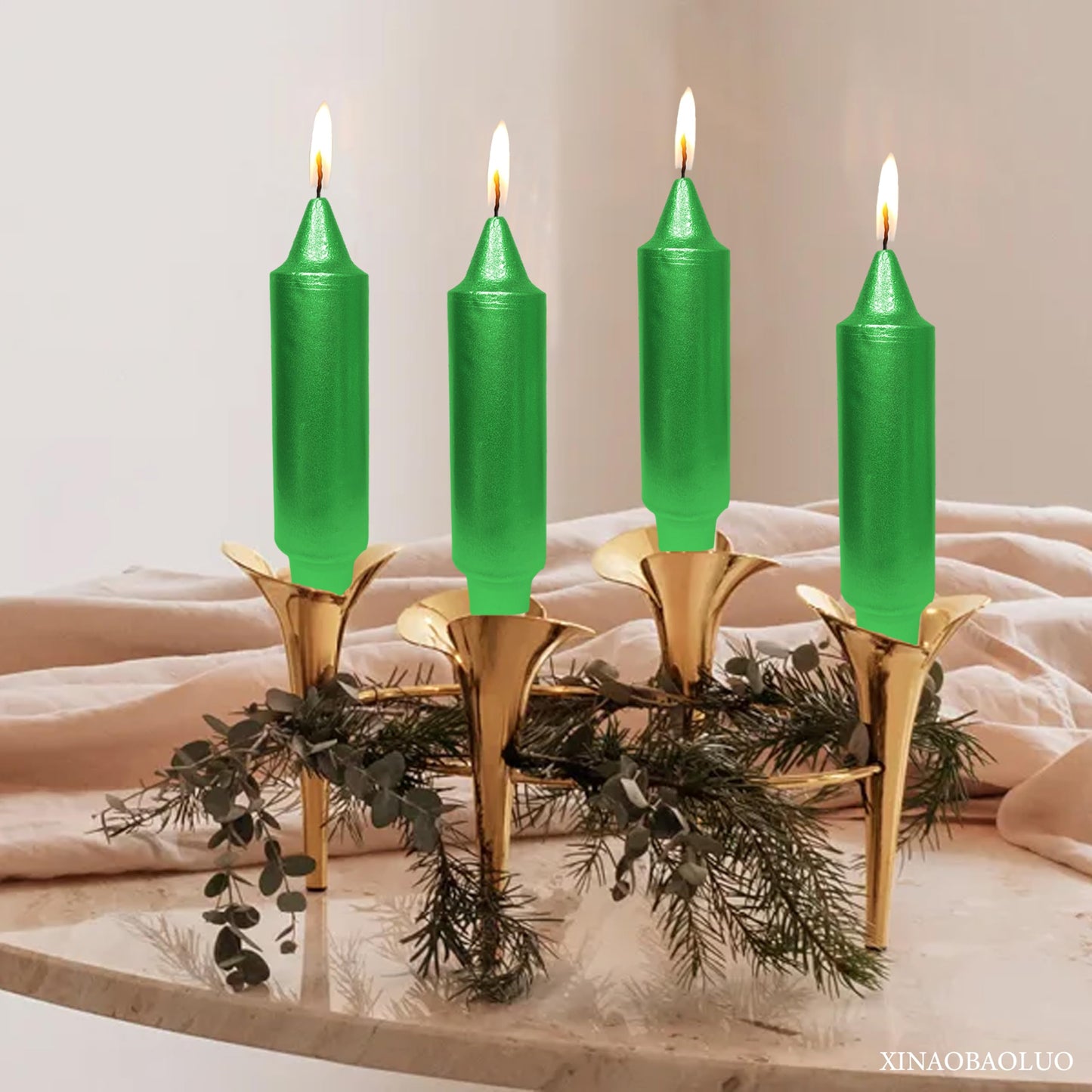 Christmas Metallic Green Candle 5 Inch Short Smokeless Taper Candles 4 Pack Unscented Dinner Candle for Christmas Dinner