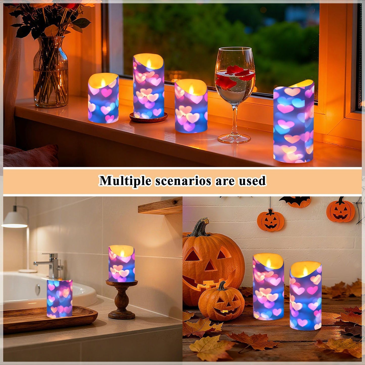 Valentines Flameless Candles Set of 2 Pink Blue Heart Neon Pattern Realistic LED Candles with Remote Battery Operated Holiday Decorations