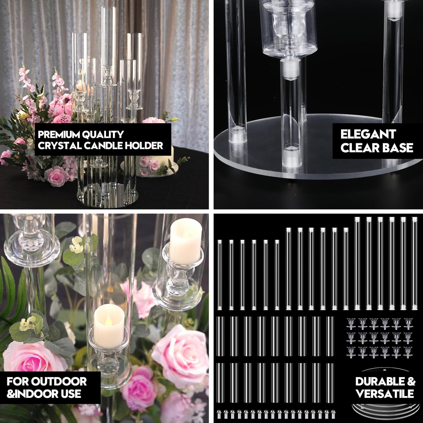 6 Set Acrylic Candelabra Centerpieces for Tables, Mjkeomo 30.7'' Clear Candle Holder 3 Arm Candlesticks Holder with Lampshade for Wedding Fireplace Dinner Party Decor Fit 0.87'' LED Candle