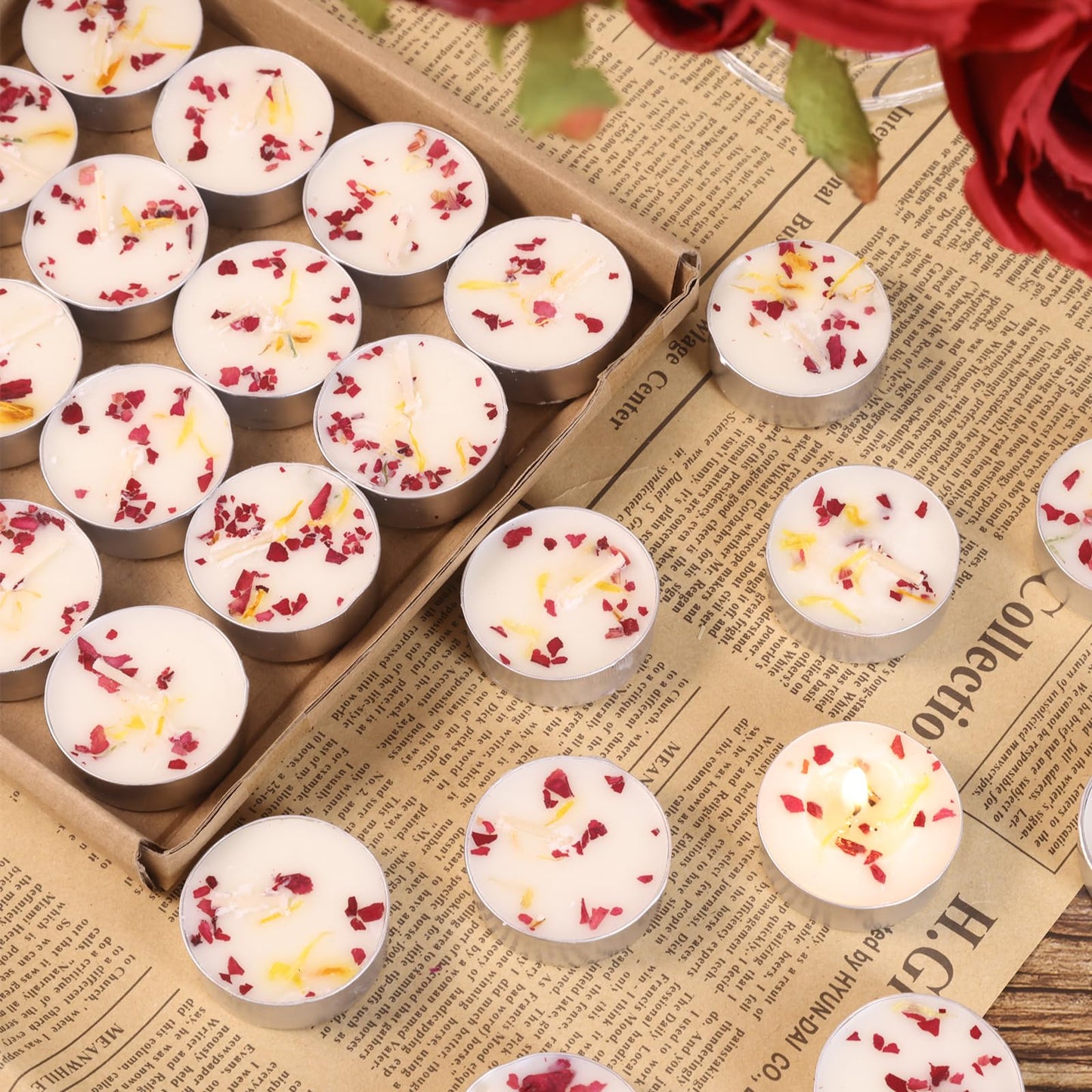 Rose Scented Tealight Candles 16 Pack - 4-Hour Palm Wax White Tea Lights, Plant Dried Flower Tea Lights Candle (Paraffin-Free), Scented Votive Candles for Home/Yoga/Bath/Meditation