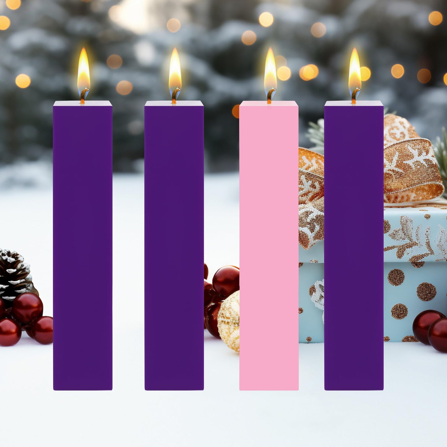 Mega Candles 4 pcs Unscented Christmas Advent Candles Set, Hand Poured Premium Wax Square Pillar Candle 2 Inch x 9 Inch, Holidays, Occasions, Events, Festivitiess, Devotional, Church, Wreath, Gifts