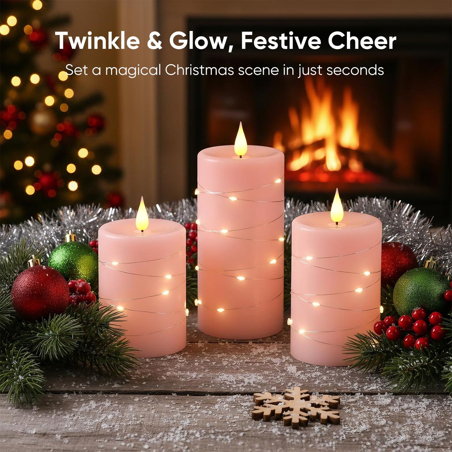 Amagic Flameless Candles with Embedded String Lights, 11-Key Remote & Timer, 3D Wick Real Wax Battery Operated Flickering Led Pillar Candles for Home, Lantern Decor, Set of 3, Pink