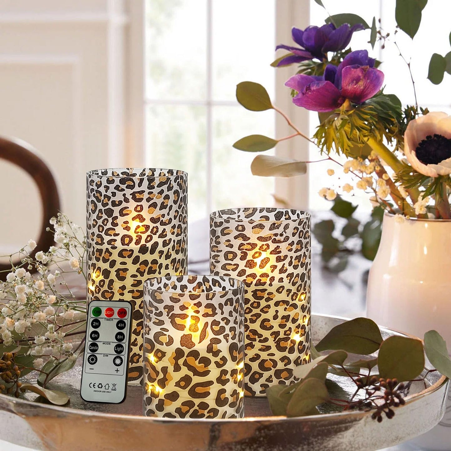 Flickering Flameless Candles Leopard Print Embedded Star String Lights, Battery Operated Acrylic LED Pillar Candles with 11-Key Remote and Timer for Home Decoration, 3 Pack