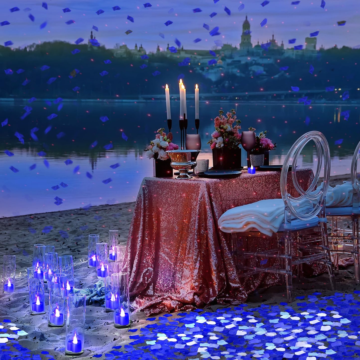 VIHOSE 4000 Pcs Artificial Rose Petals with 24 Pcs LED Tea Lights Candles Flameless LED Candles Fake Rose Petals for Wedding Birthday Party(Blue Light, Vivid Color Petal)