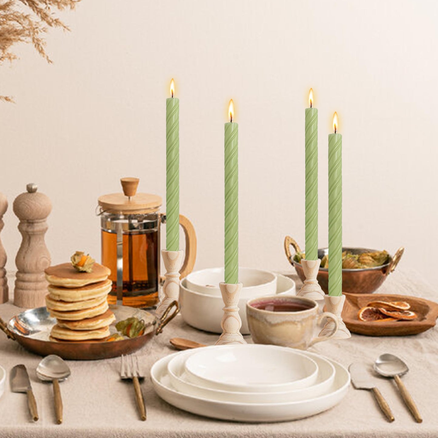 4 Pcs Spiral Taper Candle Milk White and Green Unscented Twisted Candlesticks Smokeless Candle Stick for Wedding Dinner Decor Creative Gifts