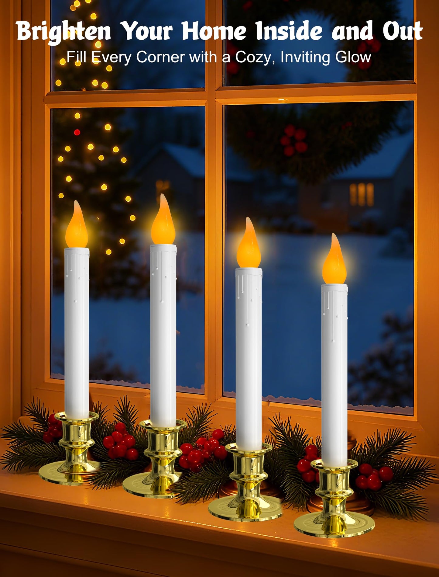 Pallerina 4-Pack Flameless Window Candles Battery Operated with Timer,3D Flickering Flame, Battery Operated LED Candlesticks with Suction Cups for Christmas Holiday Home Window Decor