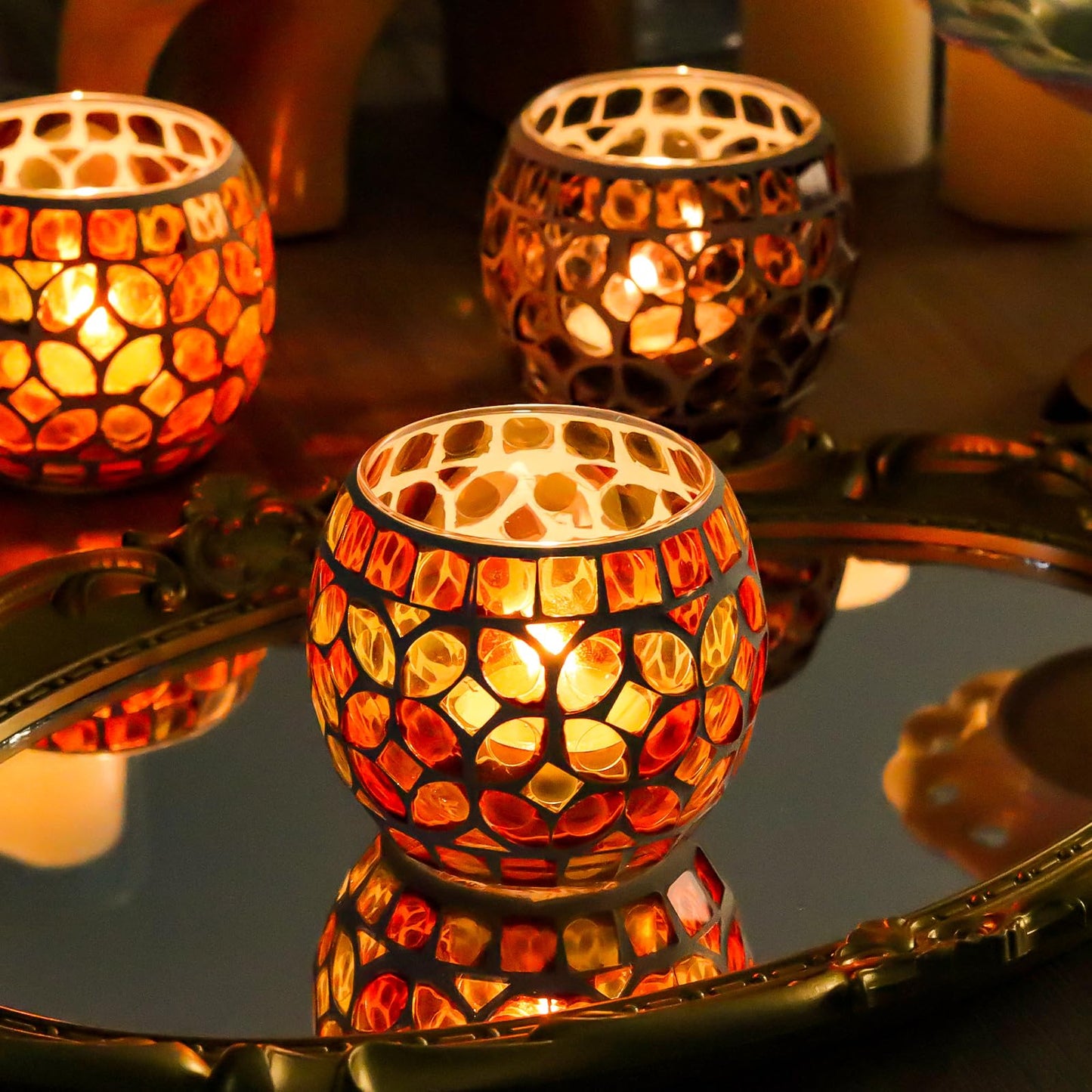 SHMILMH Mosaic Candle Holders Set of 4, Handmade Glass Tealight Votive Holders, Fall Thanksgiving Diwali Decor, Autumn Wedding Party Table Centerpiece, Brown Orange Green