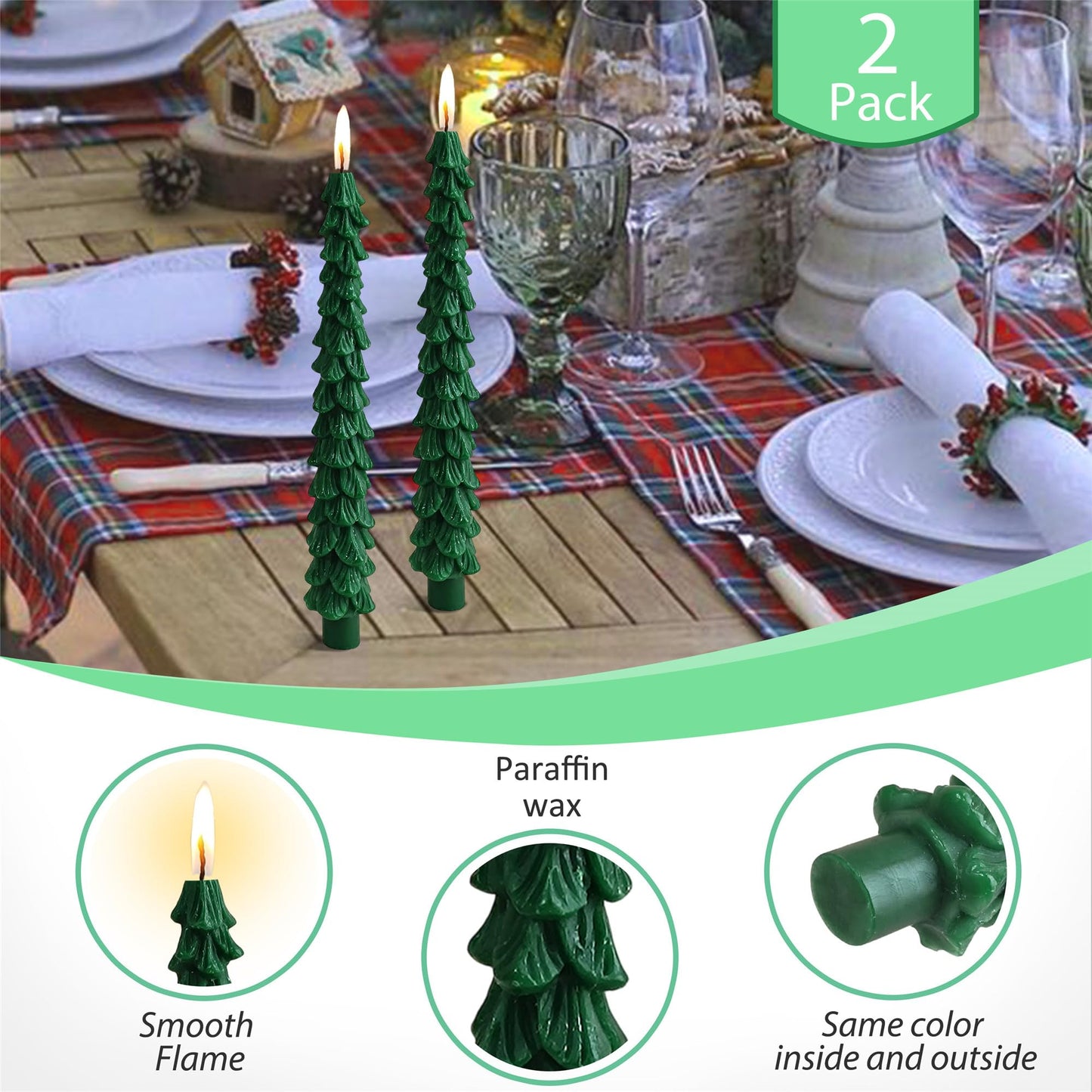 Christmas Tree Candle Green Candlesticks - Gedengni 10inches Unscented Tree Shaped Taper Candles Decorative Tapered Candles Cute Candle Sticks for Holiday Wedding Party Dinner Table Decoration, 2pcs