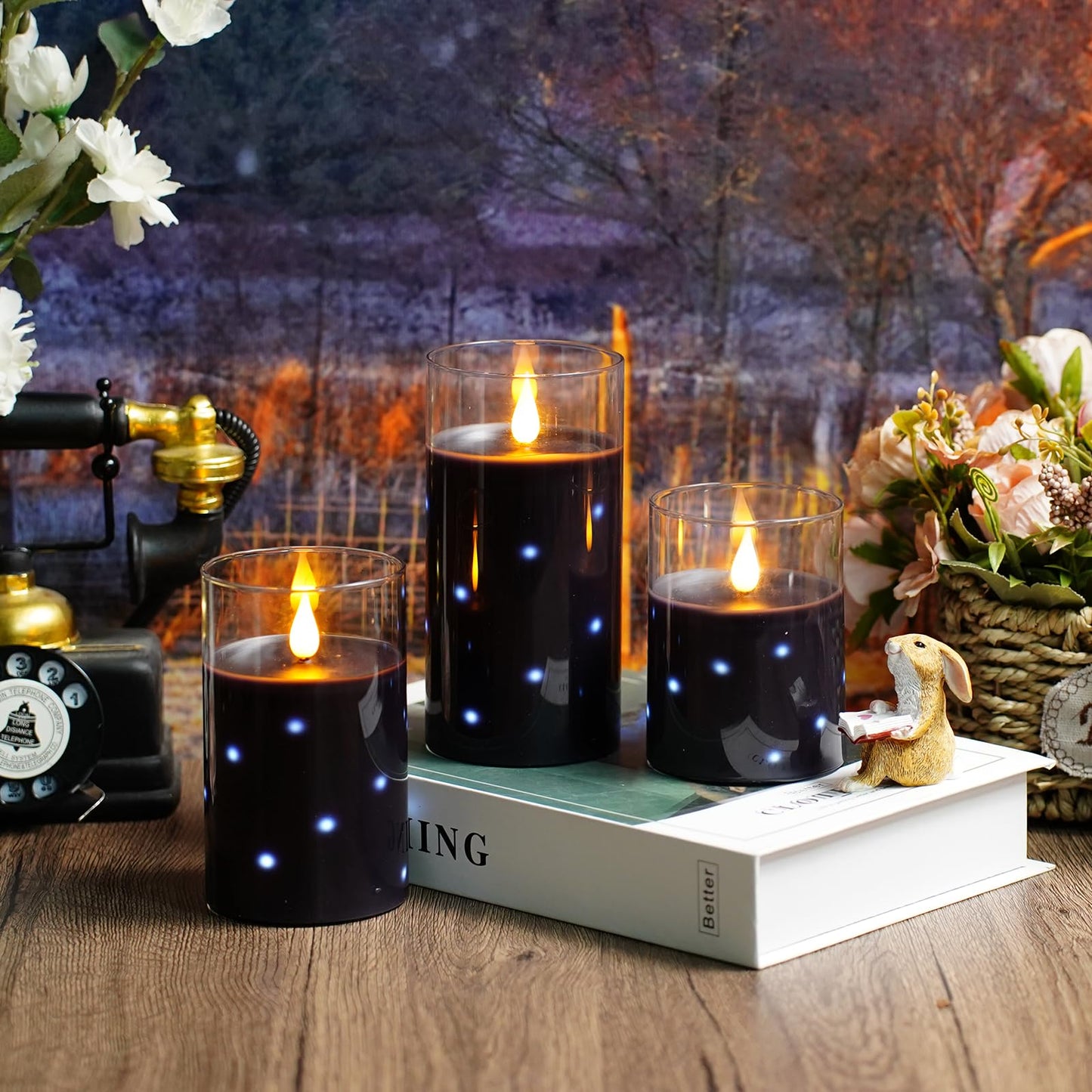 Nimiko Real Wax Flameless Candles Glass,Battery Operated LED Candles with Flickering Flame,Glass Shell,Interior Star Light Decoration Set of 3 Black (D3×H 4" 5" 6") for Home Decor,Holiday Decoration