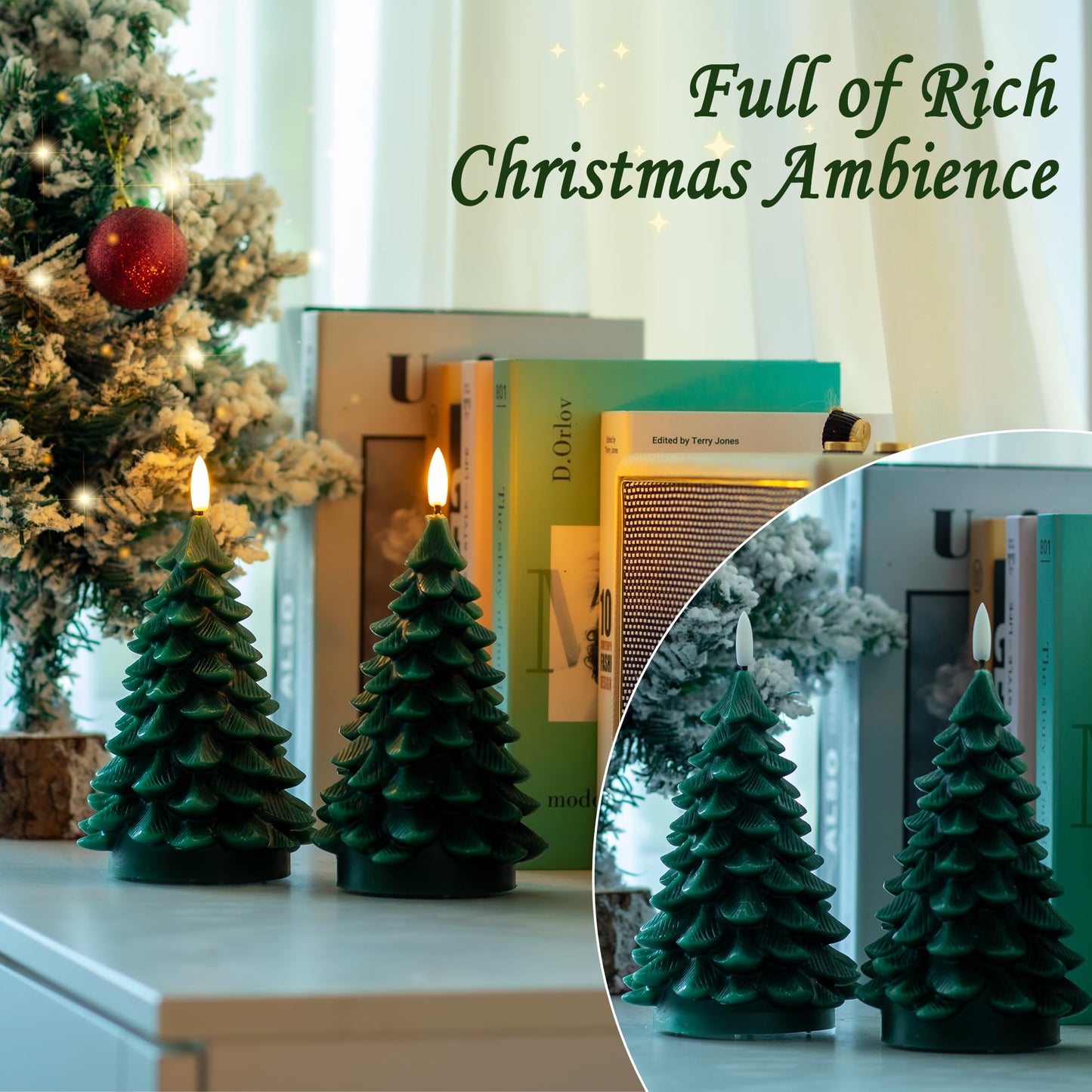 AFINETH Christmas Tree Candles with Remote, 2 Pack Green Flameless Candles Battery Operated, Real Wax Flickering Christmas Led Candle Decorations for Winter Home Holiday Xmas Gift