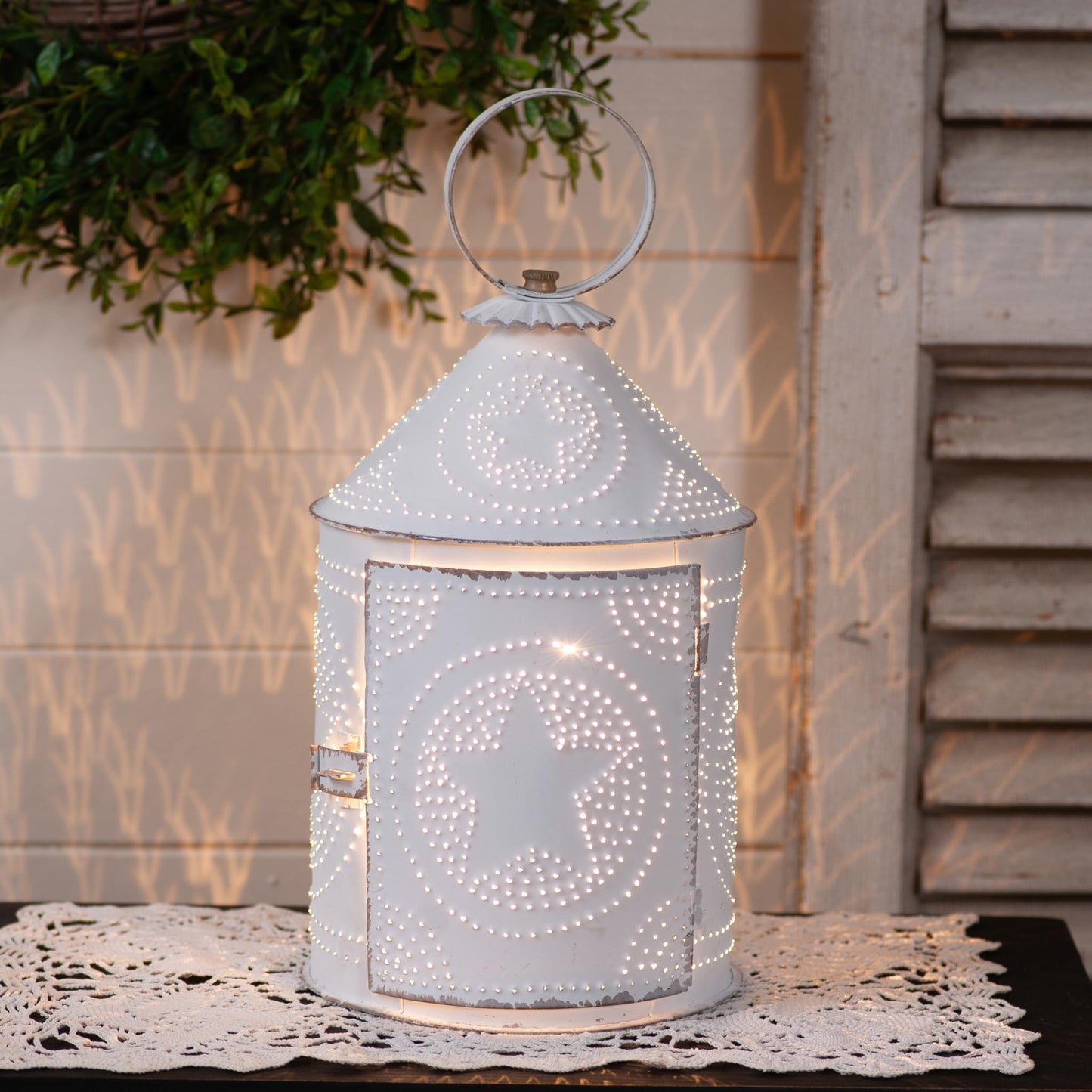 Irvin's Tinware Americana Lantern in Rustic White, Rustic Country Home Decor