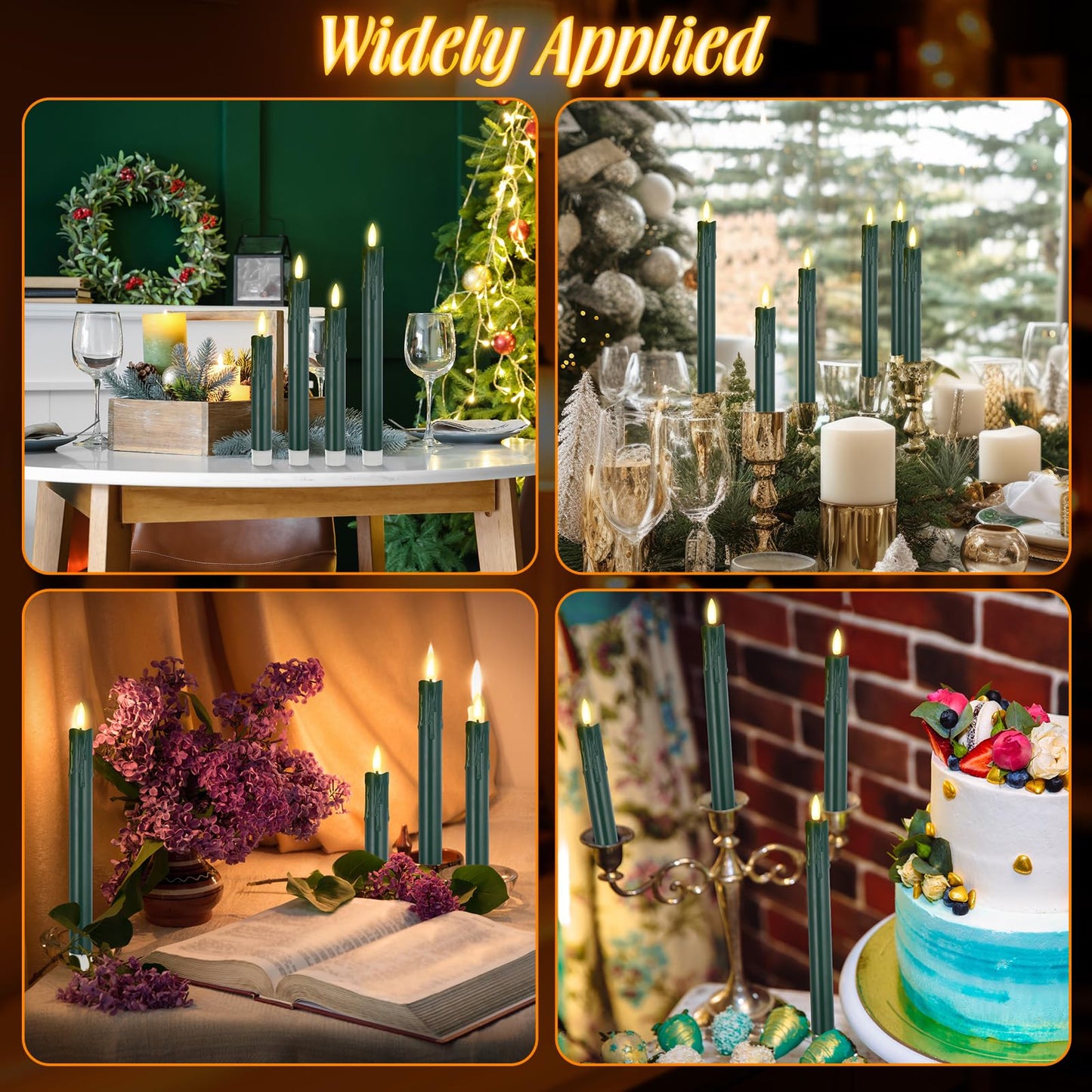 Macarrie 24 Pcs Green Flameless Taper Candles LED Battery Operated 6.5'', 7.7'', 8.8'', 10'' 3D Flickering Flame Candlesticks Drip Wax Shaped Candles for Wedding Birthday Party Decor