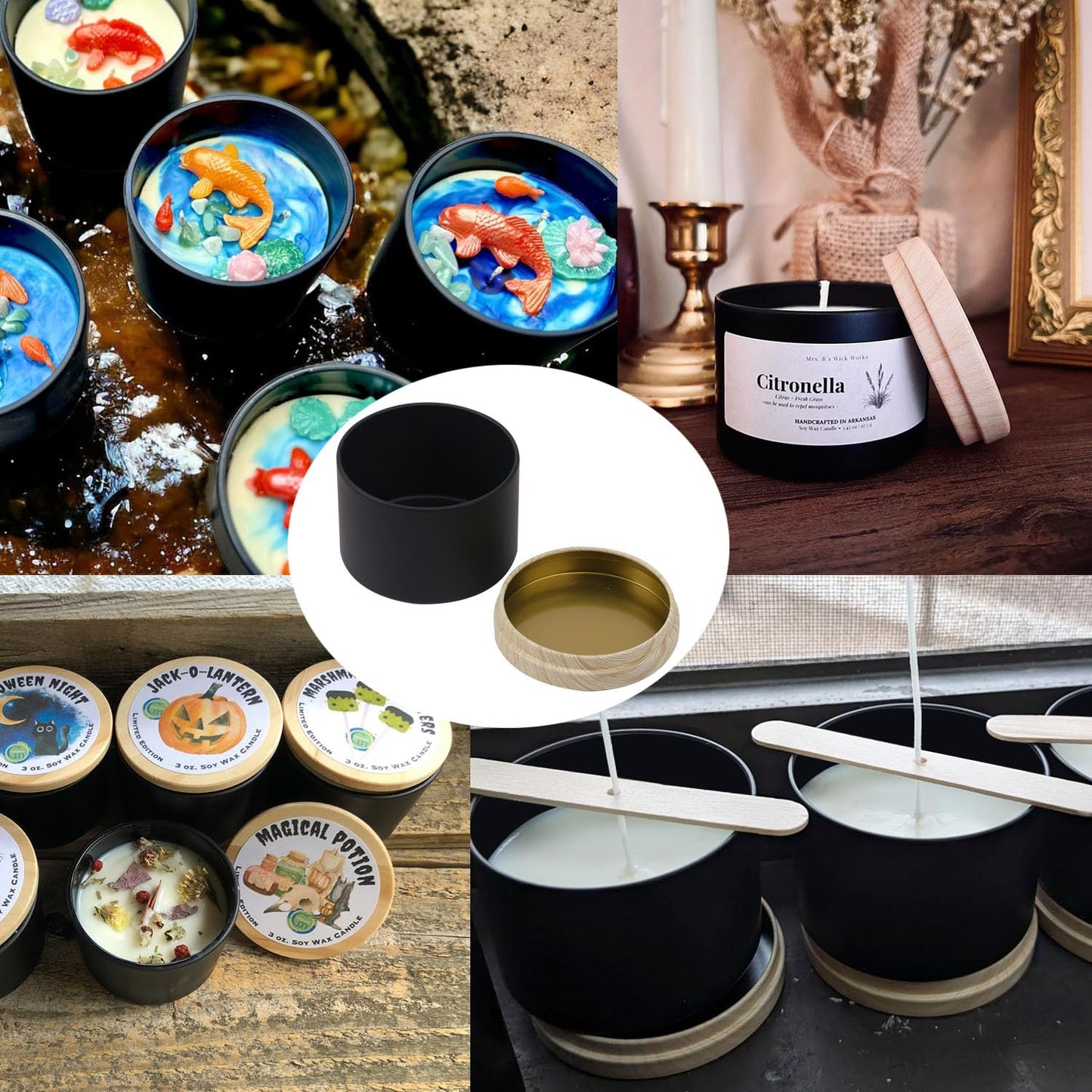 Biugaaufai 24 Pack 8 OZ Black Metal Candle Tins, Round Candle Tins with Wood Grain Lids for DIY Candle Making and Storage