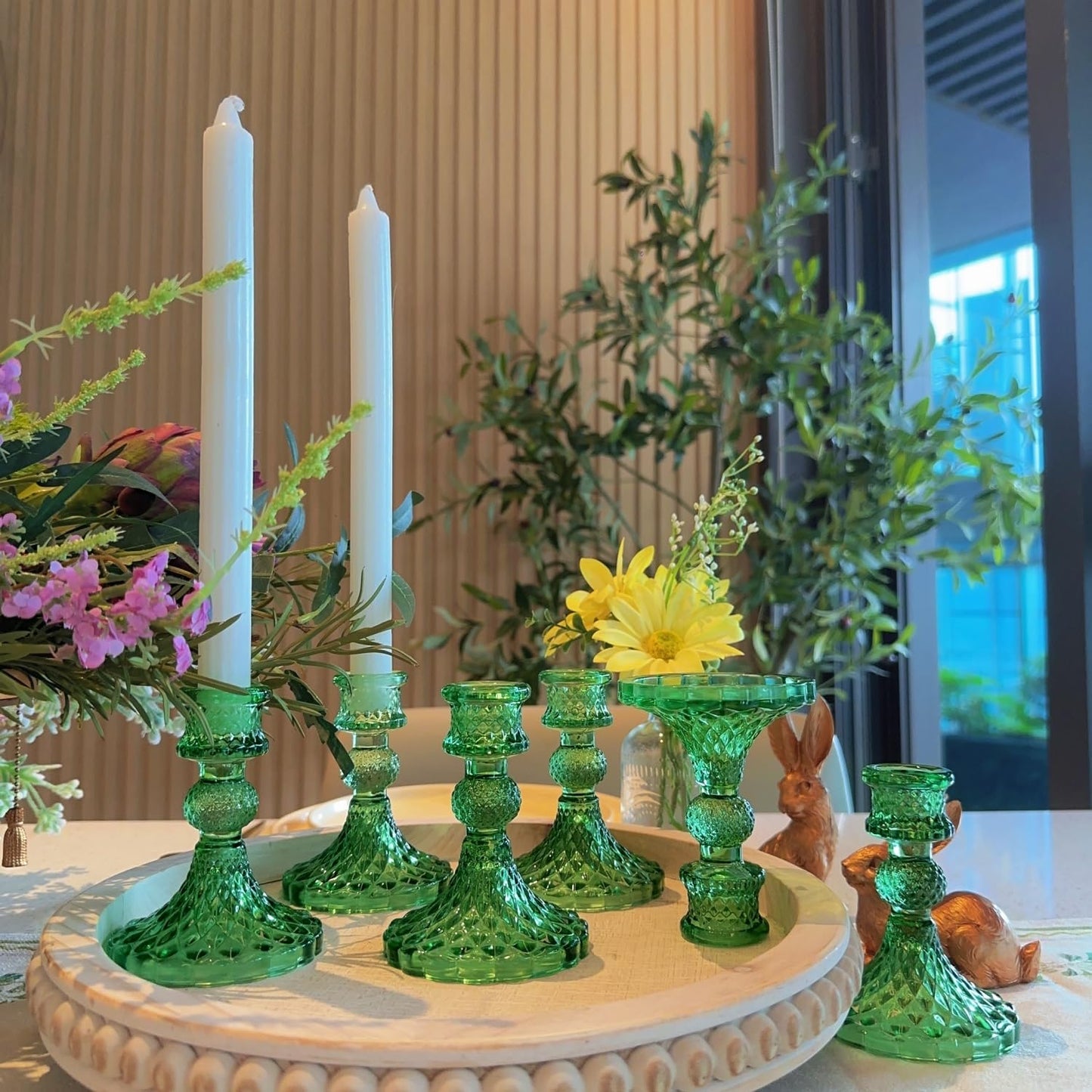 ECHFSM Glass Candlestick Holder,Striped Taper Candle Holders,Set of 6 Candle Stand for Table Centerpieces, Home Decor,Weddings,Festival and Parties (Green Dimond Pattern)