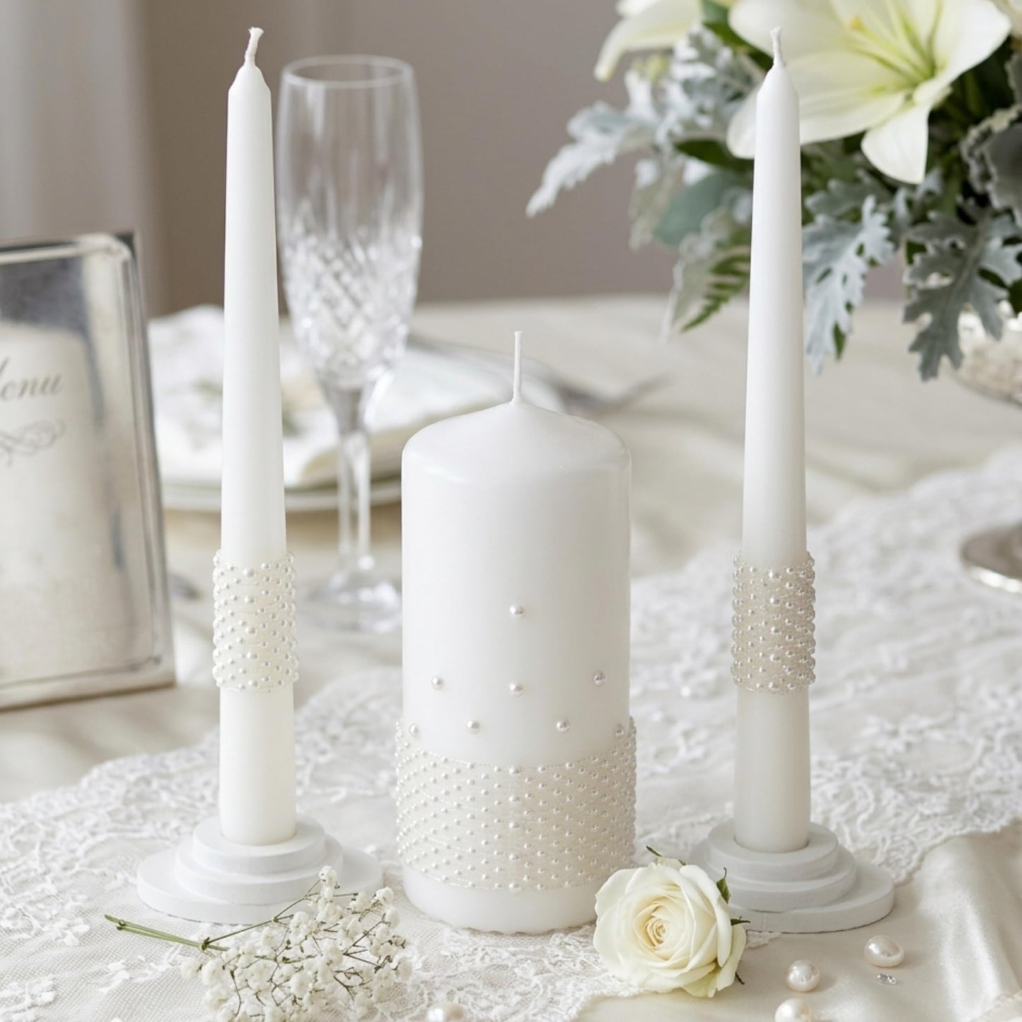 Magik Life Unity Candle Set - Wedding Ceremony & Reception Candle– 6” Pillar & Two 10” Taper Candles – Long Burning Unity Candles for Marriage Ritual – Handmade in USA – White |Pearls| Luxury