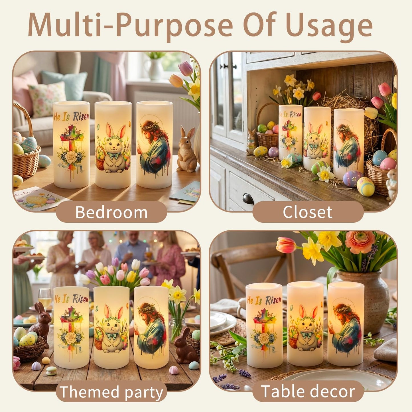 Aulaygo 3PCS Nativity Easter Flameless Candles with Remote Control,Christian Cross Bunny LED Candles for Spring Easter Home Decor