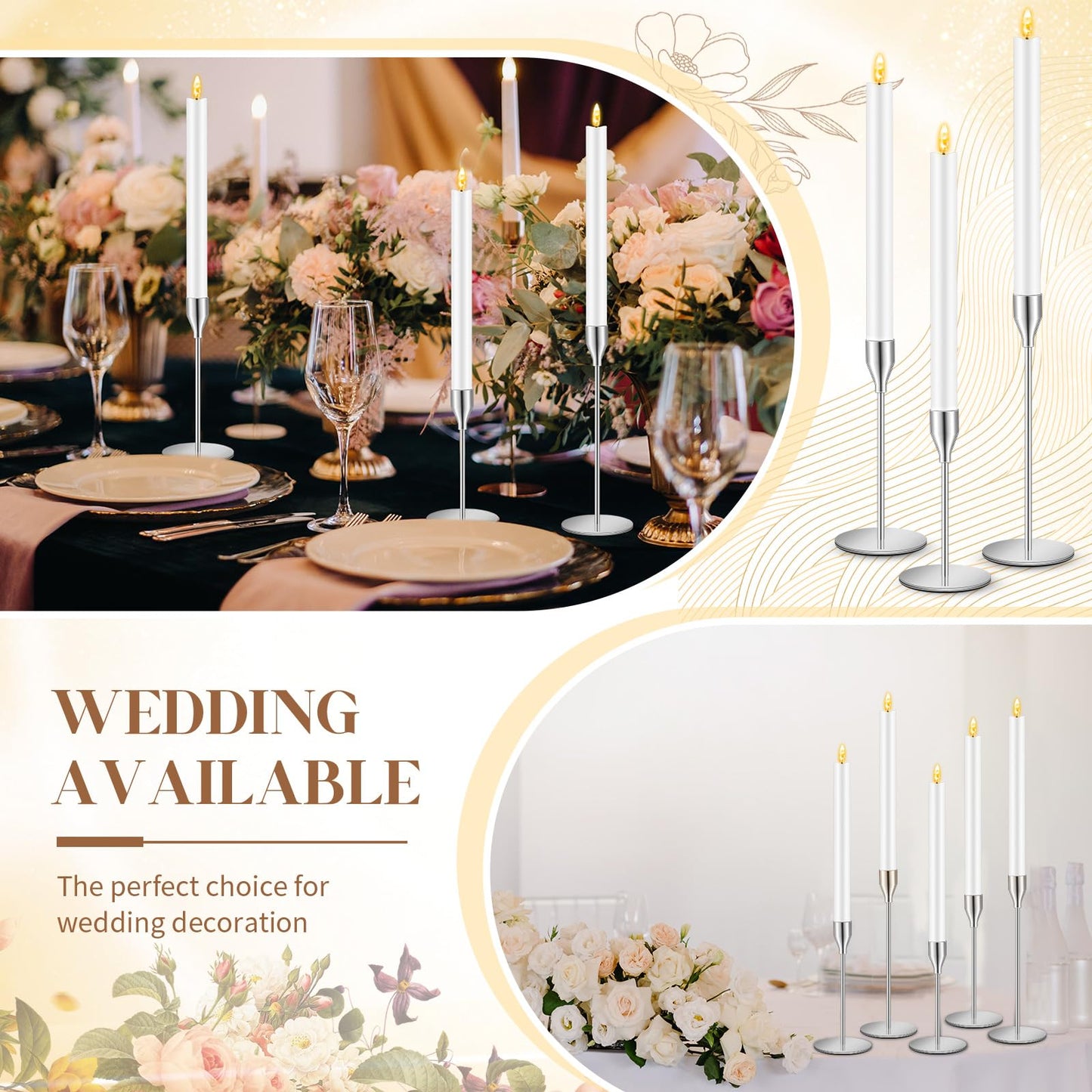 FillTouch 30 Pcs Silver Candlestick Holders with Flameless LED Candles Bulk Includes 15 Metal Candle Holders and 15 Battery Operated Taper Candles for Wedding Valentines Table Centerpieces Home Decor