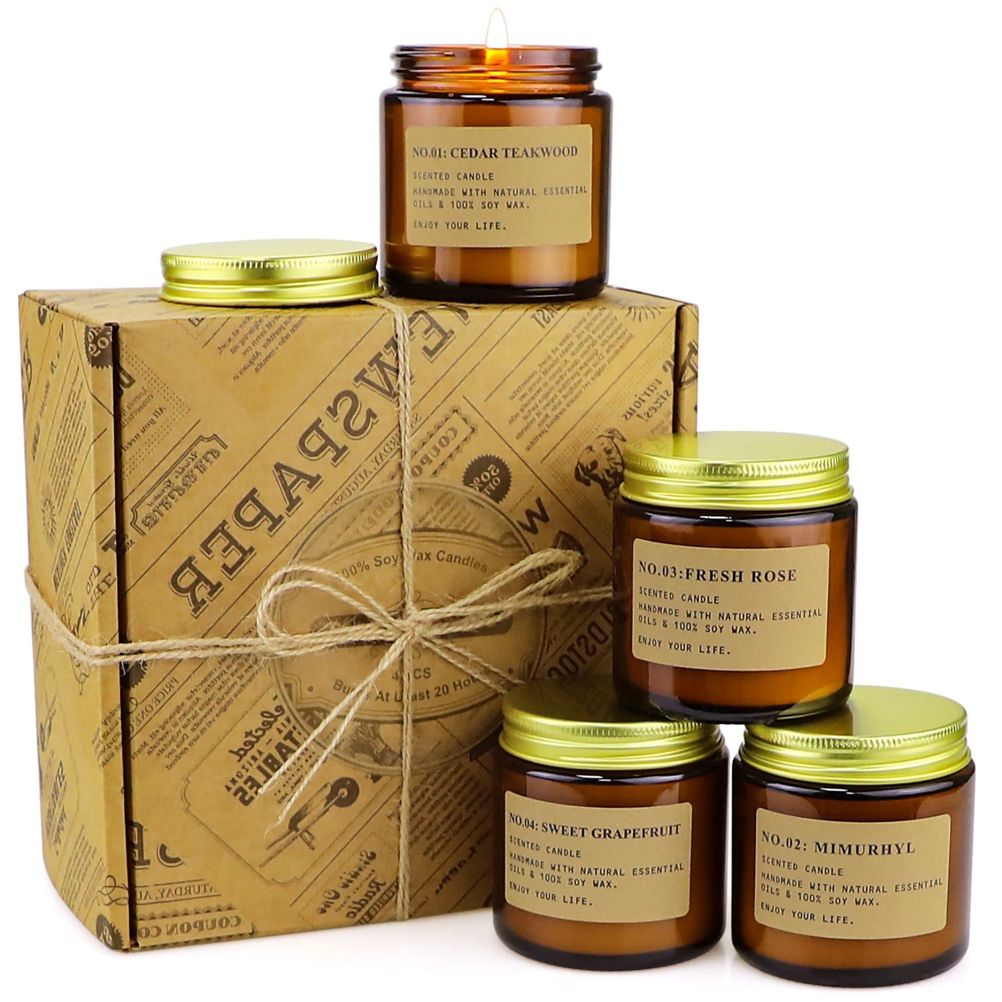 YFYTRE 4 Pack Scented Candle Set Soy Wax Candles, Aromatherapy Candles for Home Decoration, Jar Candles Gift for Women Mother with Amber Glass Jars and Kraft Wrapping