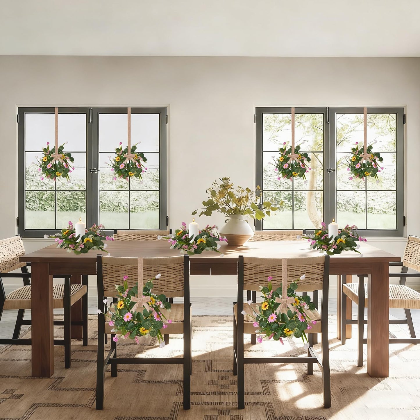 Spring Summer Wreath 6Pcs, 11.8 Inch Summer Wreath with Ribbon, Artificial Daisy Eucalyptus Leaves Grass Wreath, Hanging/Tabletop/Candle Ring Decor for Home Front Door, Porch, Wall, Window, Cabinets