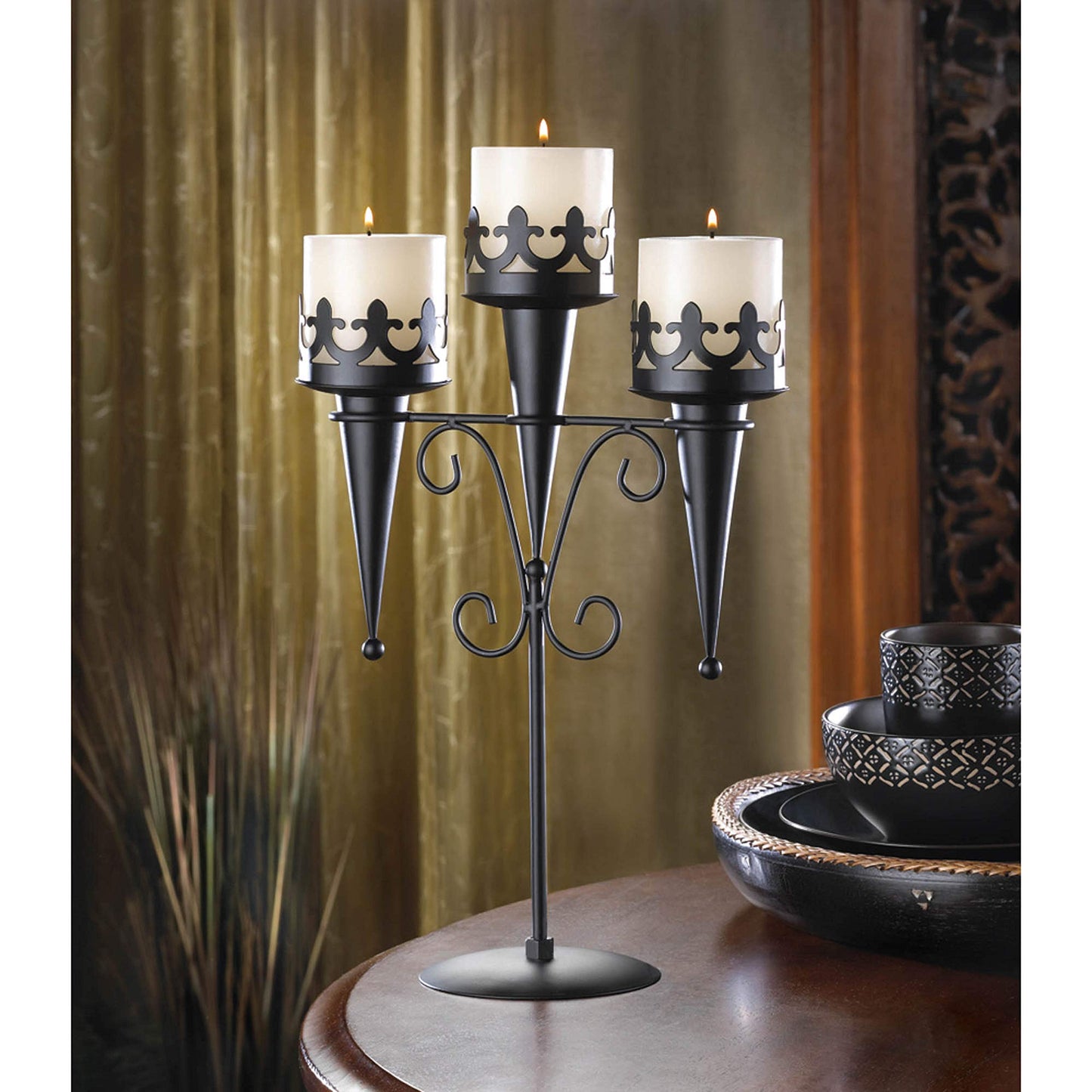 Gifts & Decor Black Iron Medieval Style Triple Lantern Candle Stand