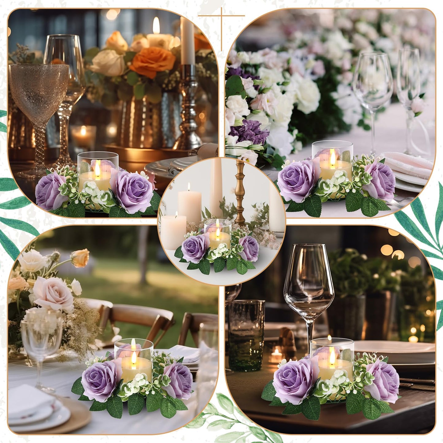Yunlly 32 Pcs Rose Candle Rings with Flameless Candles Sets, Artificial Flower Eucalyptus Wedding Centerpiece 3 Inch Pillar Candleholders Wreaths for Wedding Party Mother's Day (Purple)