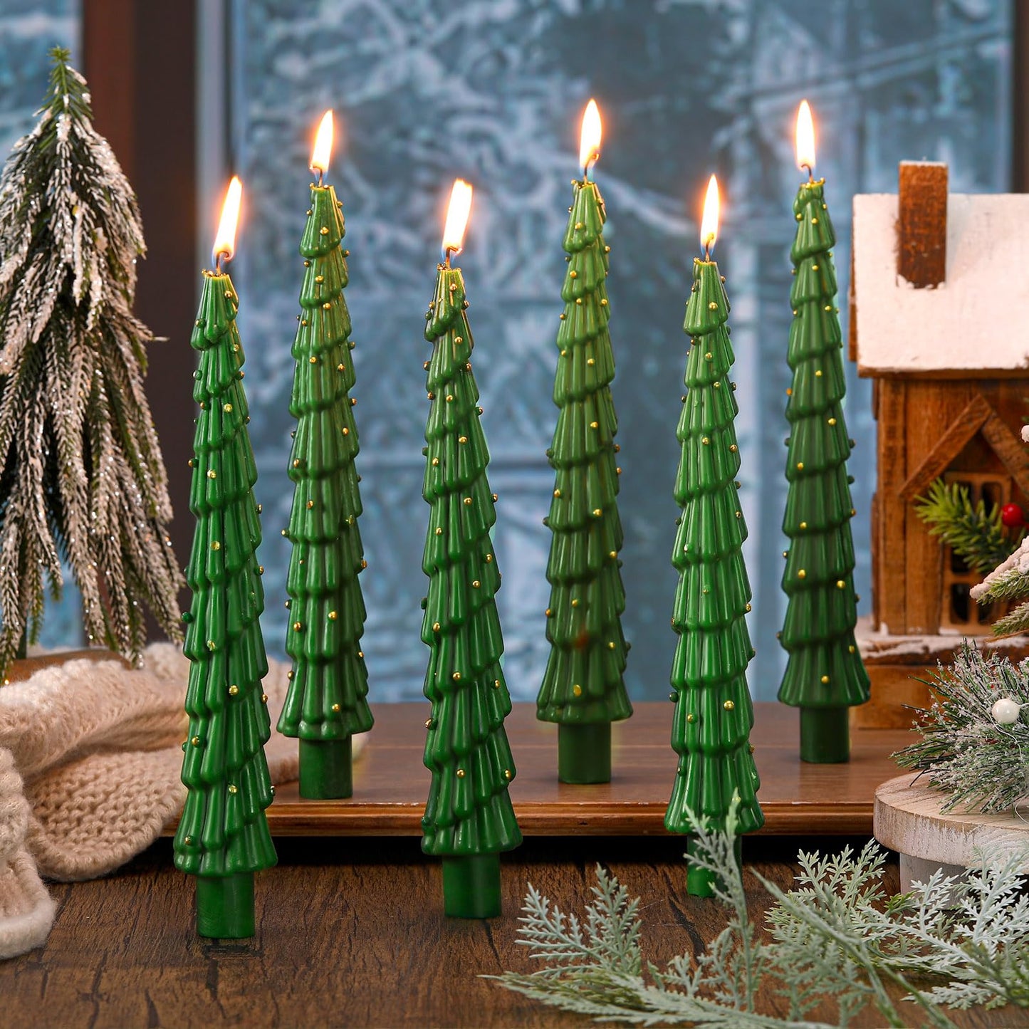 MTLEE Christmas Tree Shaped Taper Candles 10 Inch Unscented Christmas Tree Candles Decorative Aesthetic Xmas Relaxation Gifts for Centerpiece Decorations (Stylish,Green,6 Pcs)