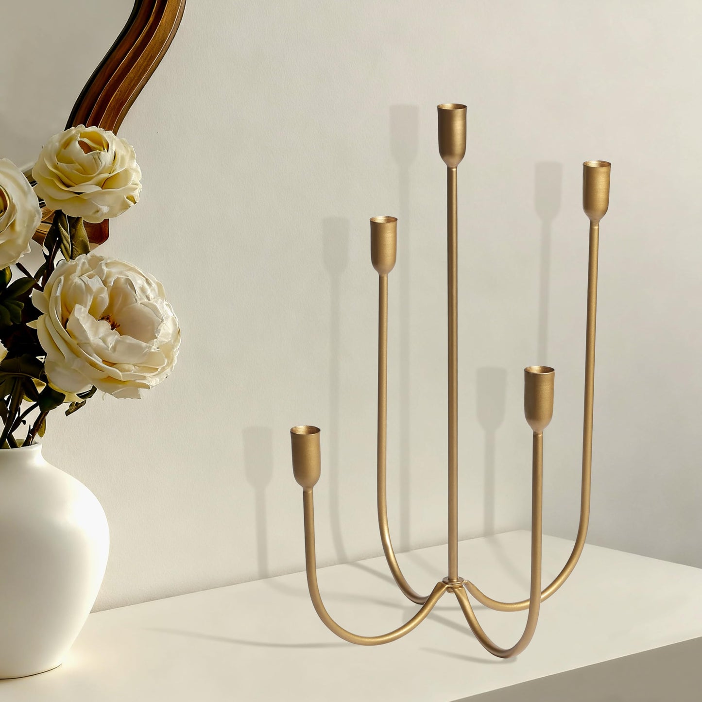 Perfnique 5-Candle Iron Candelabra, 17 Inch Antique Brass Gold Candle Holder, Hand-Forged Cast Gold Candle Holder for Wedding, Event, Christmas & Dining, Table Centerpiece Décor