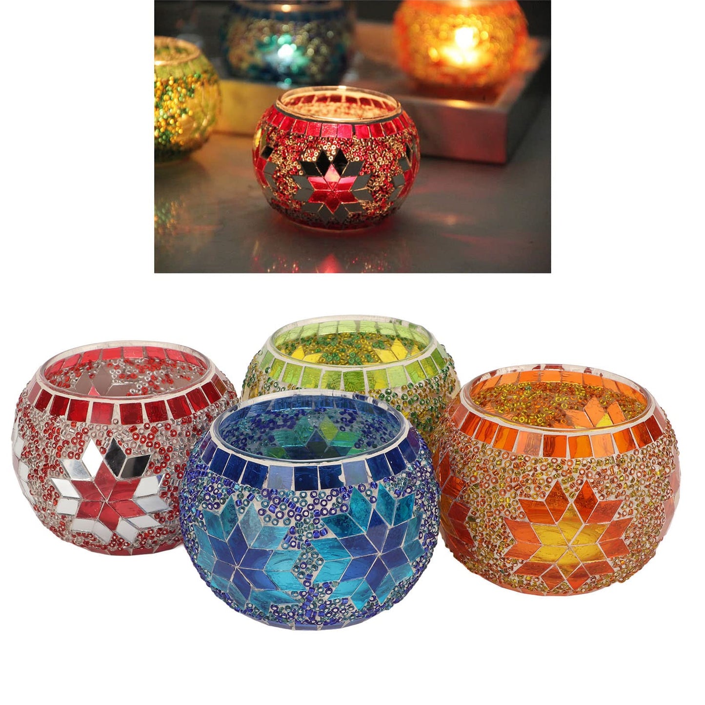 Omquot 4pcs Mosaic Glass Candle Holder Colorful Romantic Mosaic Handmade Home Bar Dinner Decoration