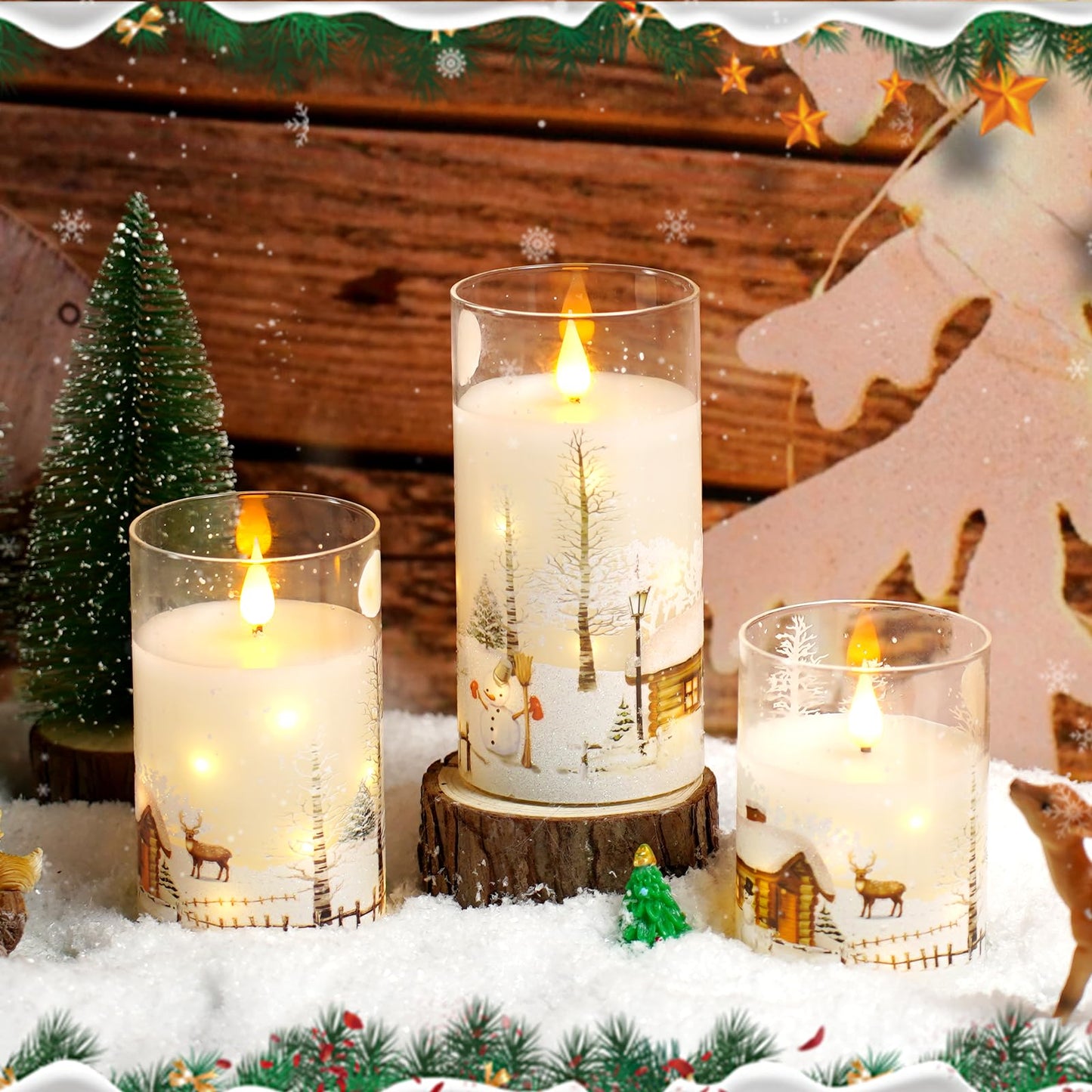 Christmas Flameless Candles with Remote - White LED Candles & String Lights, with Glass casing Battery Operated Set of 3 (D3 x H4/5"/6") for Window Decor, Christmas Decorations,Living Room Decoration