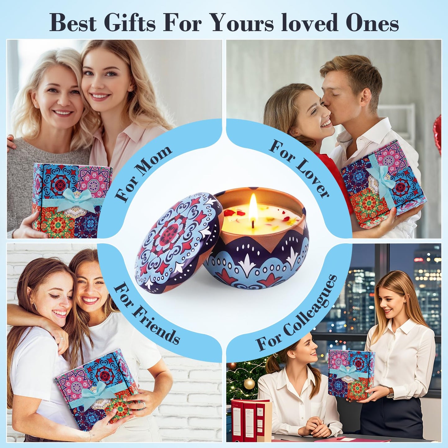 4 Pack Scented Candles for Women Men - 8% Essential Oil Aromatherapy Candle Set, 50H Long Lasting Natural Soy Wax Candles, Travel Tin Gift Box for Stress Relief Spa Yoga Birthday Housewarming Xmas