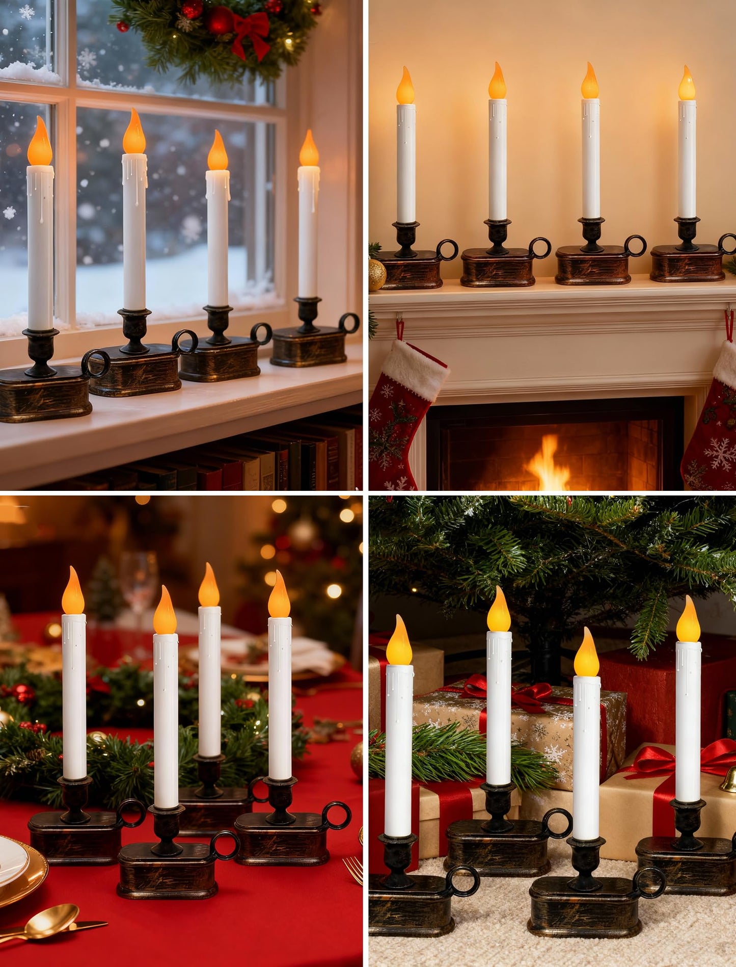 Xingzd 4PK Battery Operated LED Window Candles, Dusk to Dawn Light Sensor, Flicker Flame Christmas Window Candles with Bronze Base, 7.75 Inch Flameless Taper Candle for Table Bedroom Xmas