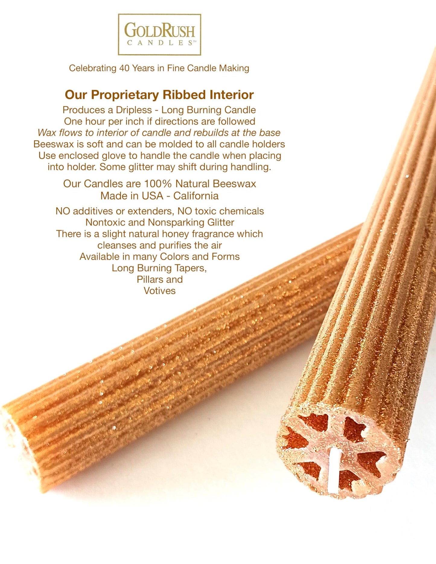 Gold Rush 12 Inch Natural Beeswax Glitter Taper Candles, Gold Color, Boxed Set of 2, Non-Sparking, Non-Toxic, Dripless, Hand Made in California