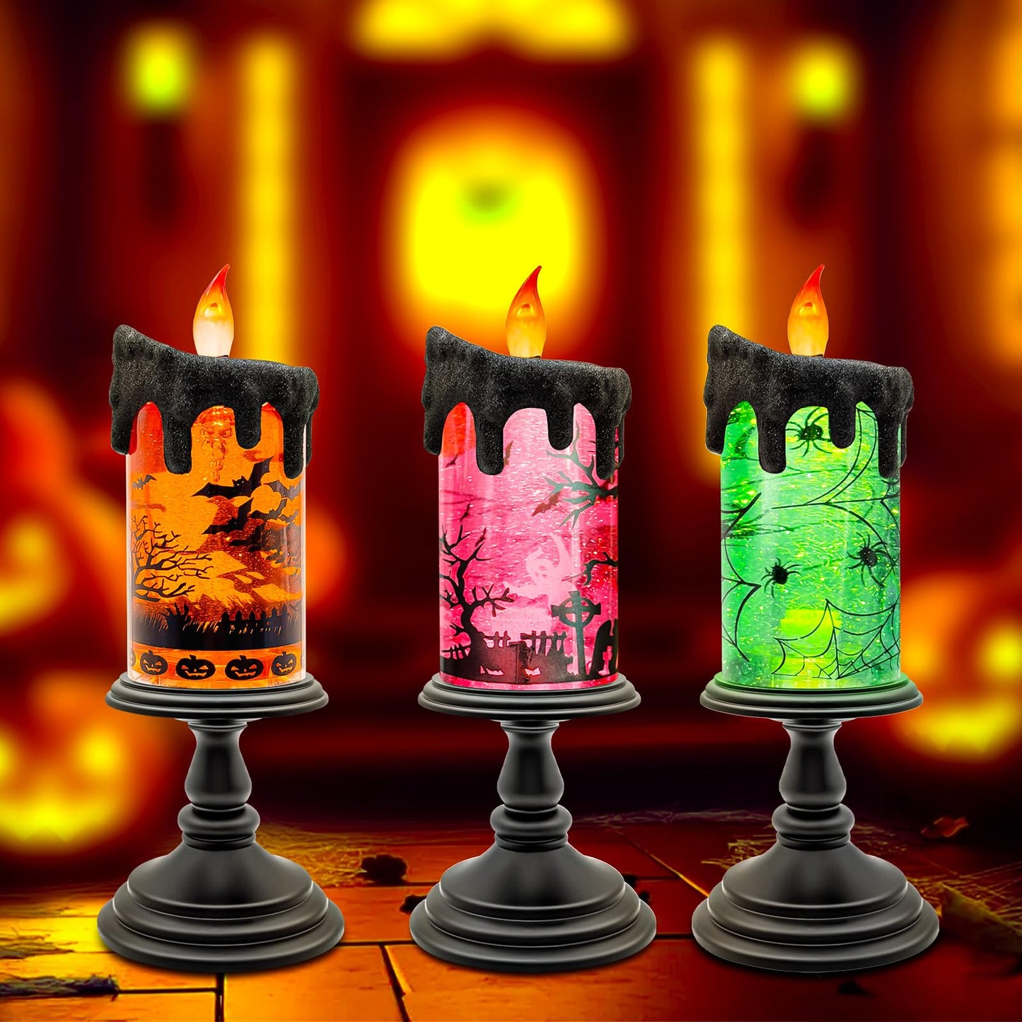 Halloween Snow Globe Flameless Candle – Lighted Halloween Glitter Lantern with Spinning Water and Timer, Pumpkin & Bat Scene Halloween Decor for Home, Party, Table Centerpiece
