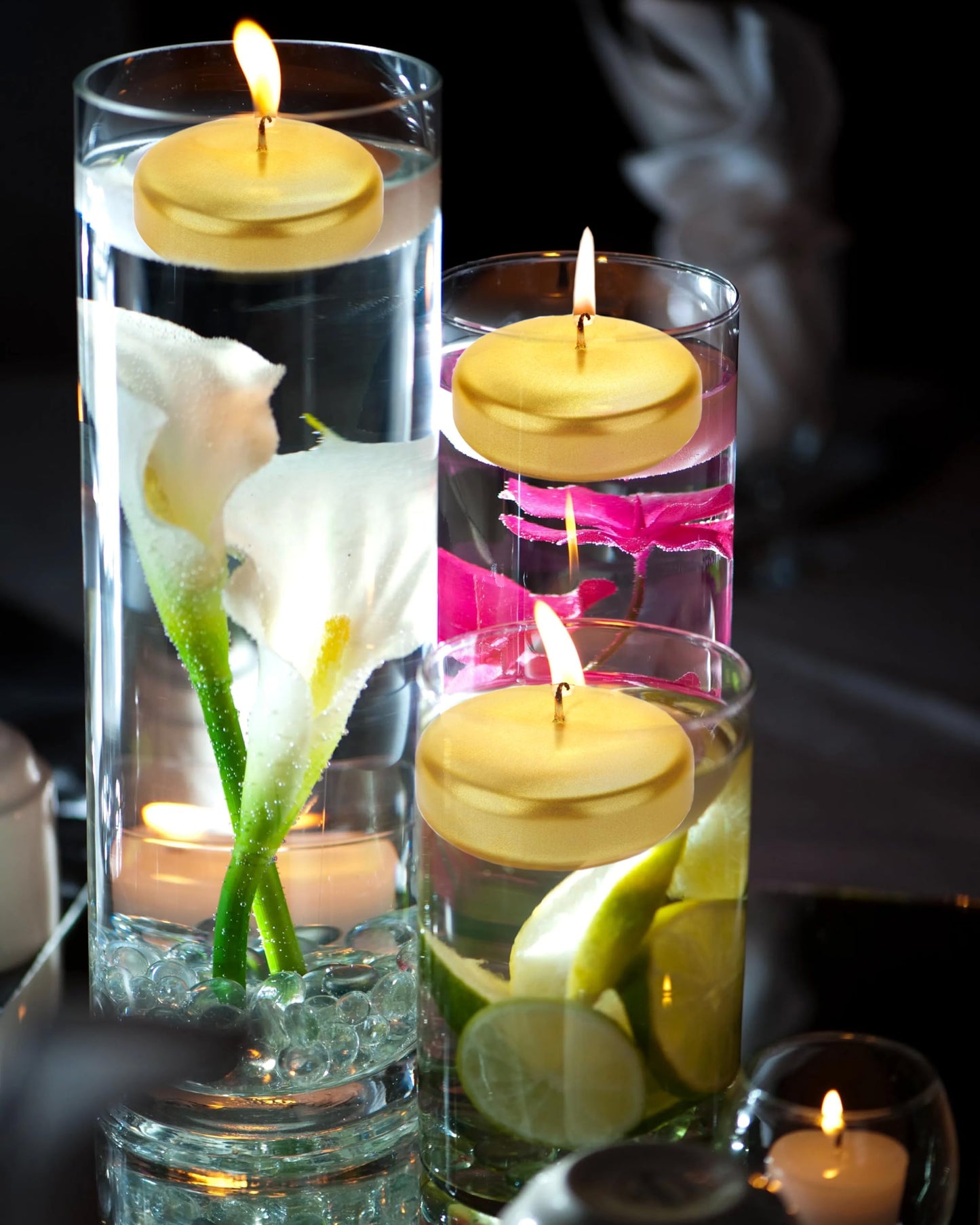 Floating Candles for Centerpieces, 3 inch Gold Round Burning Tea Light Candles Unscented Smokeless Paraffin Wax Dripless, for Valentine's Day, Wedding, Party, Home Decor, Pool (36 Pack)